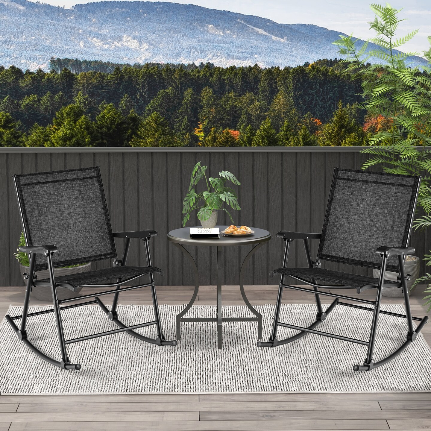 Set of 2 Folding Rocking Chairs with Breathable Fabric and Curved Armrests