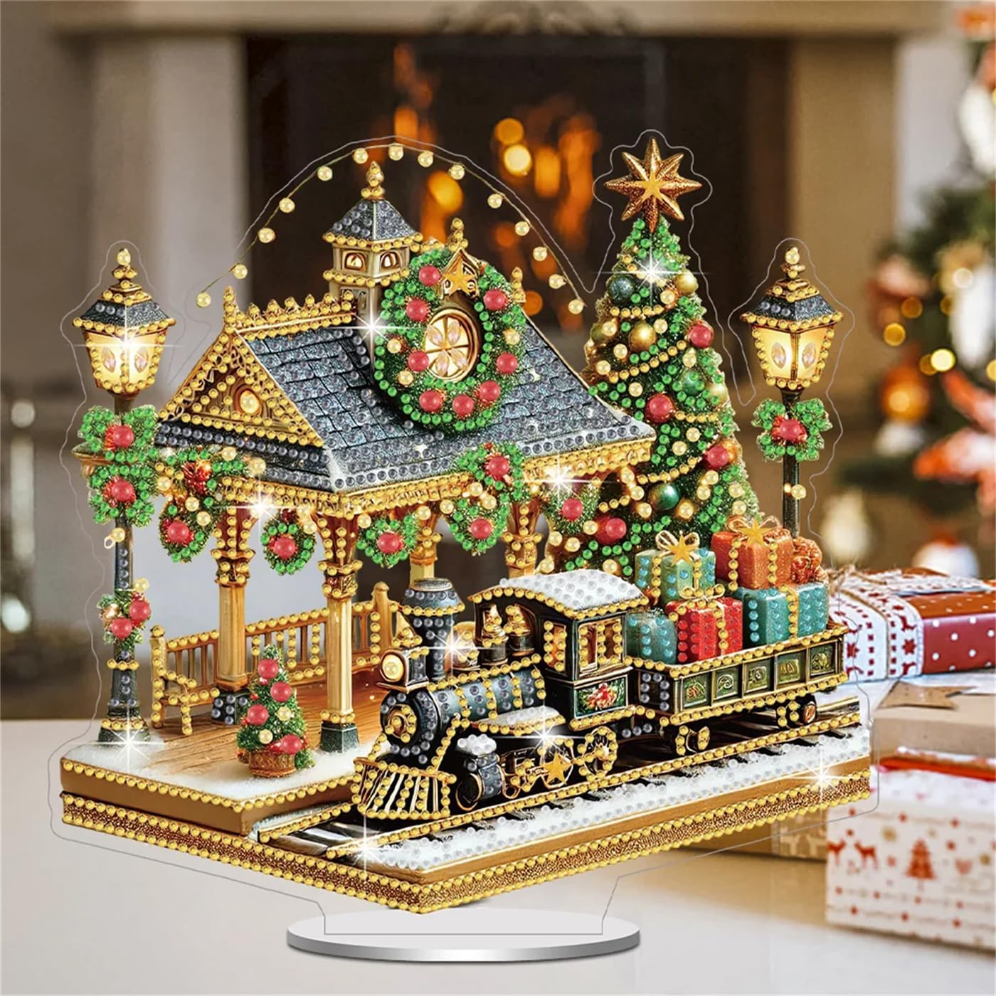 DIY Tabletop Diamond Art Painting Kit&#xFF0C;9.45x9.17inch Special Shaped Rhinestone Desk Placement Ornament&#xFF0C;Home Stand Up Gem Painting Craft Kit(Christmas Railway Station-1)