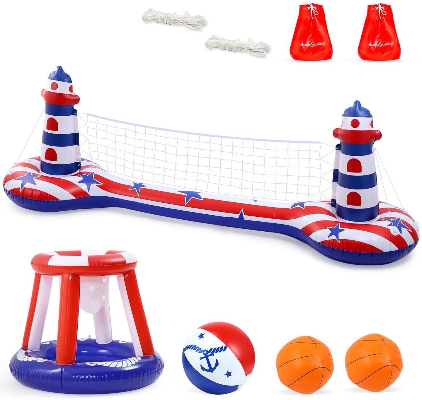 Inflatable Pool Float Set with Volleyball Net & Basketball Hoop,2-in-1 Floating Water Games for Kids Adults, Backyard Beach Summer Toys, Heavy-Duty PVC Family Pool Party Essentials