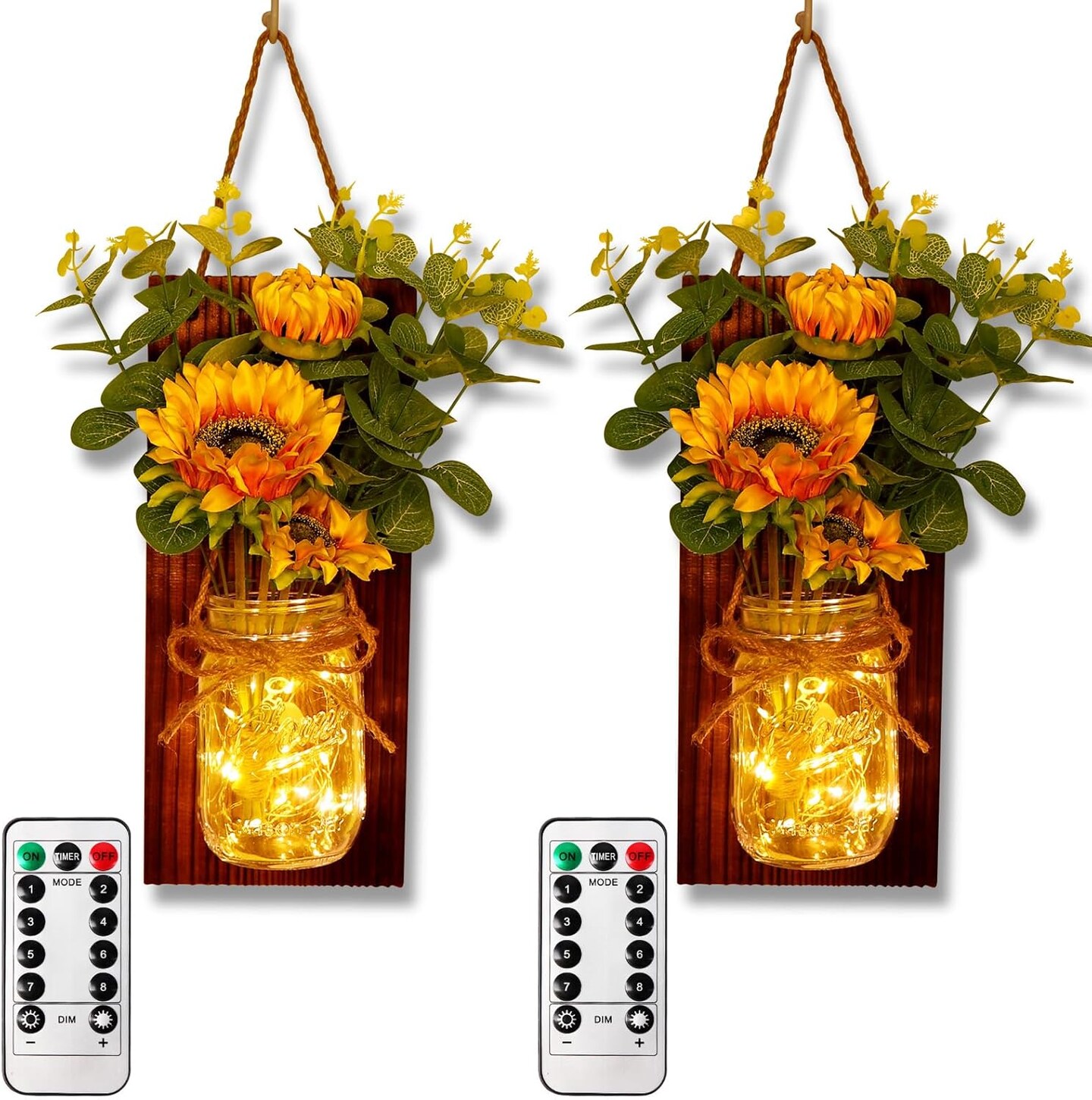 Sunflower Wall Sconces Set of Two, Mason Jar Sconces Farmhouse Summer Wall Decor