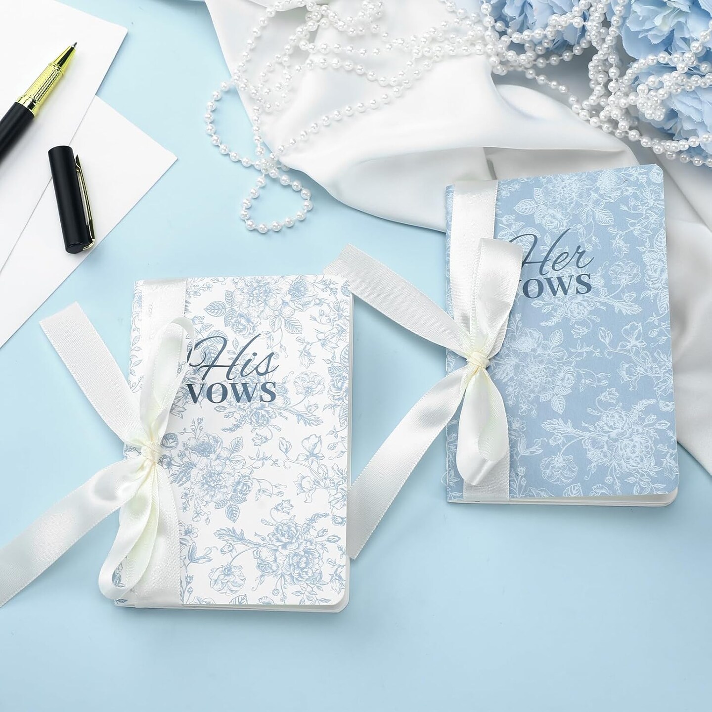 2 Pcs Wedding Vow Books with Ribbon Bow Blue Floral His and Hers Vow Books Paper Notebook for Wedding Vows Journal Officiant Book Bridal Shower Gifts Keepsake