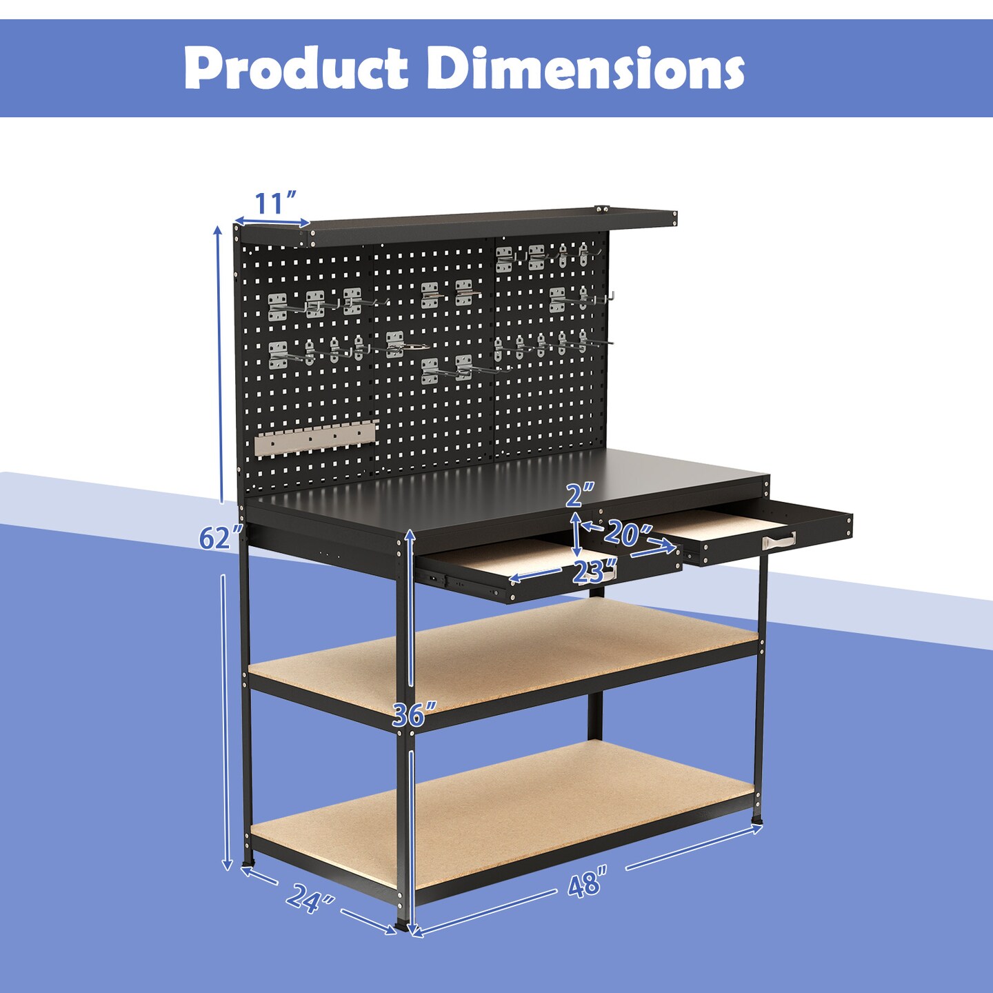 Black Metal MDF Heavy-Duty Workbench with Pegboard, Shelves, Drawers and Accessories