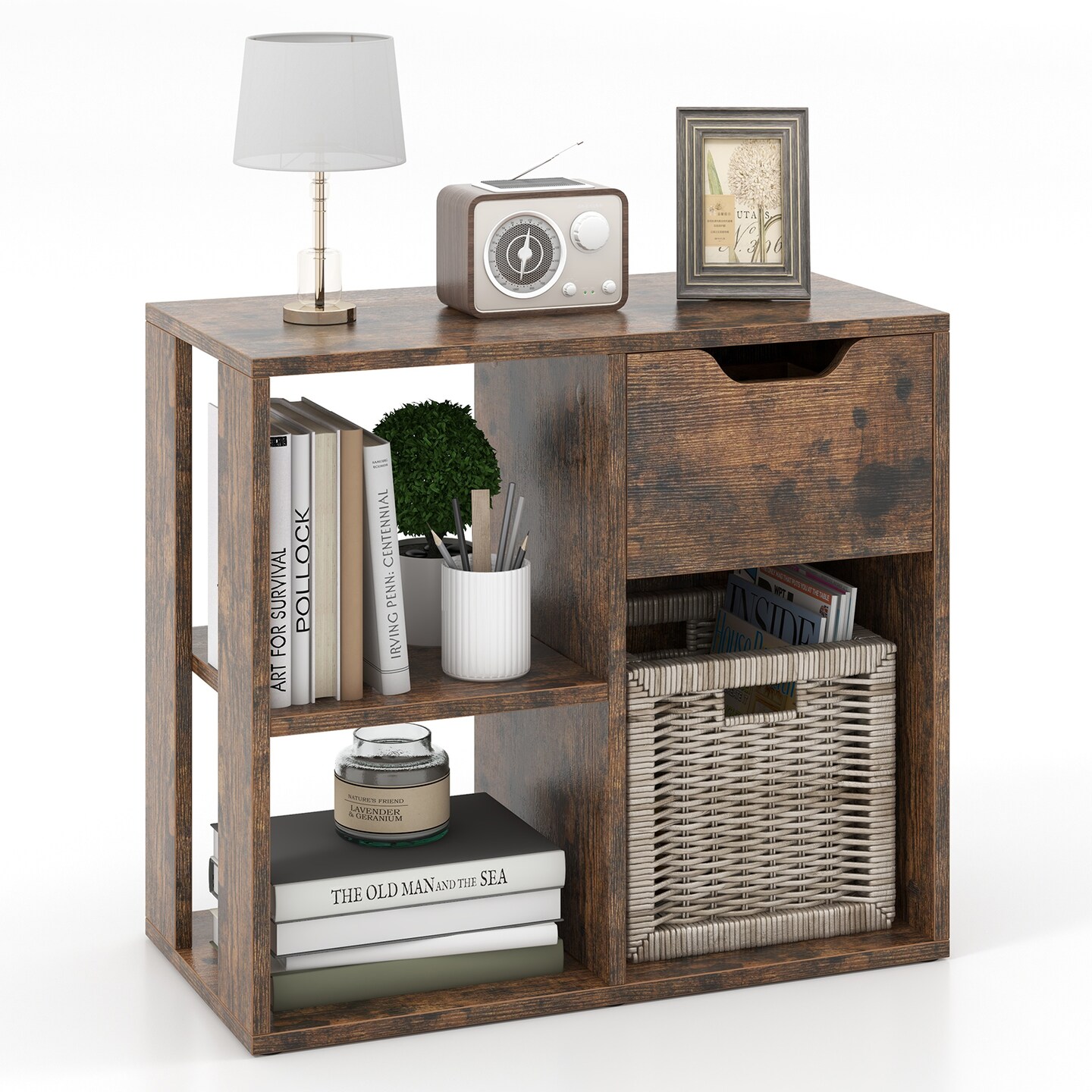 2-Tier Wooden Small Bookcase with Drawer and Storage Cubes for Bedroom or Living Room