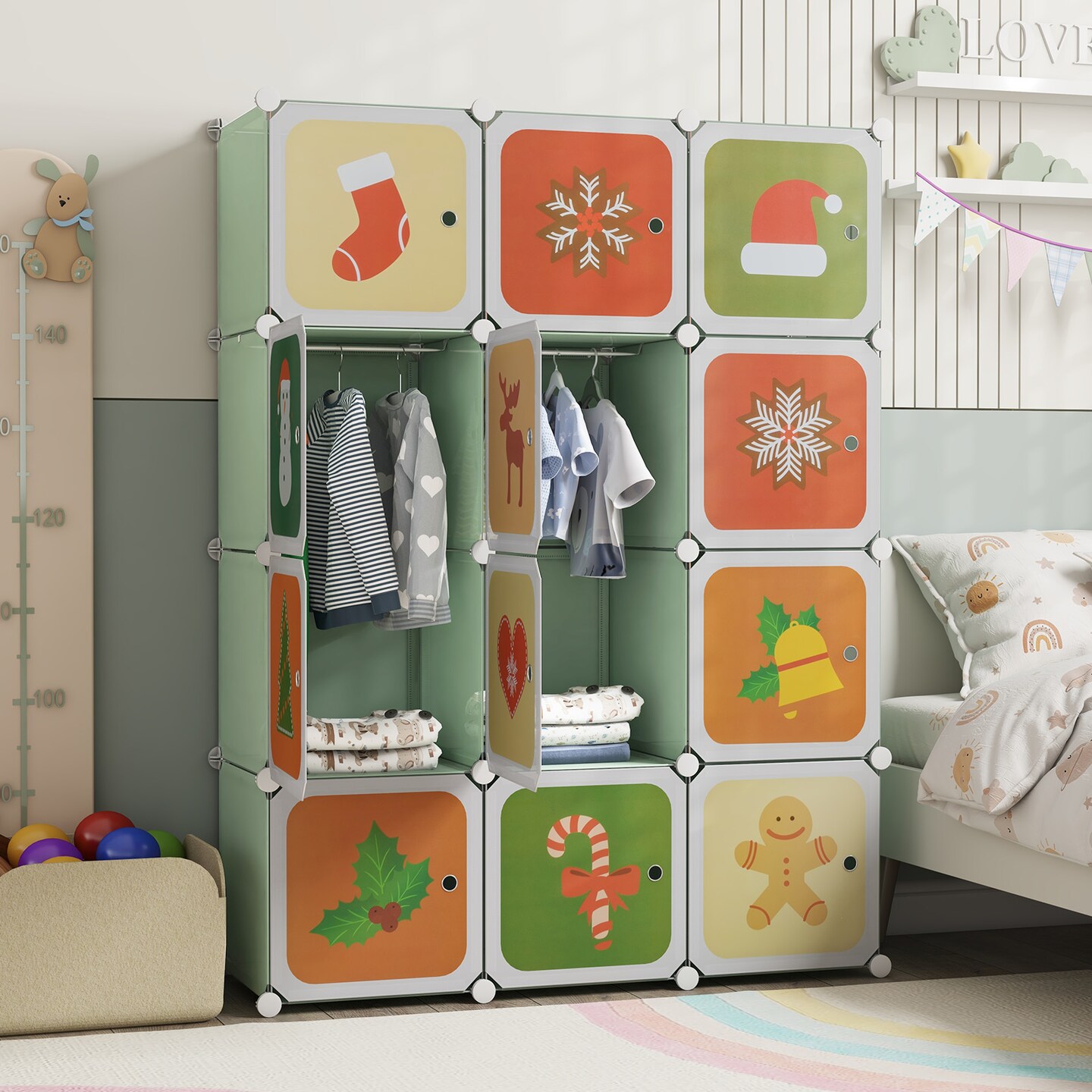 12 Cube Kids Storage Closet with Hanging Pole and Cartoon Doors
