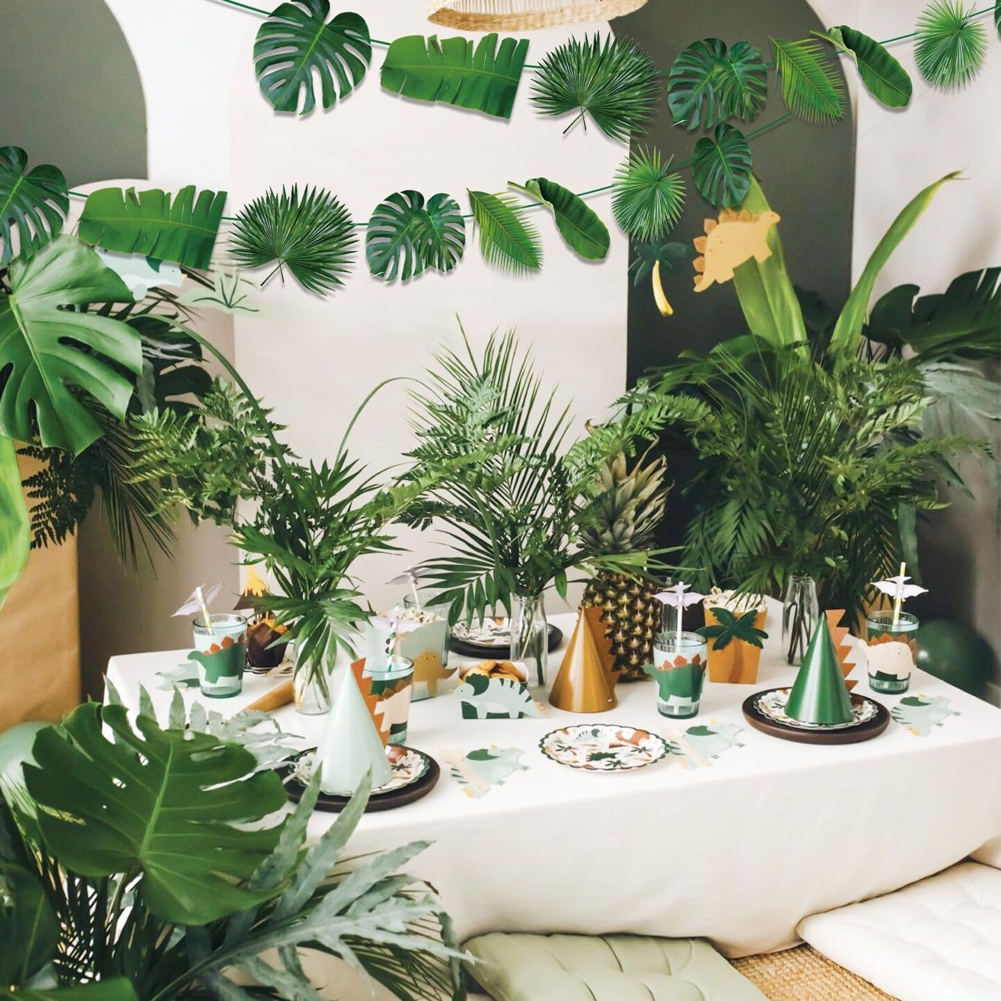 Tropical Party Decorations - 3 Pcs Tropical Leaves Banners, Green Artificial Palm Leaves Garland, Jungle Party Decorations Palm Leaves for Hawaiian Luau Party Supplies