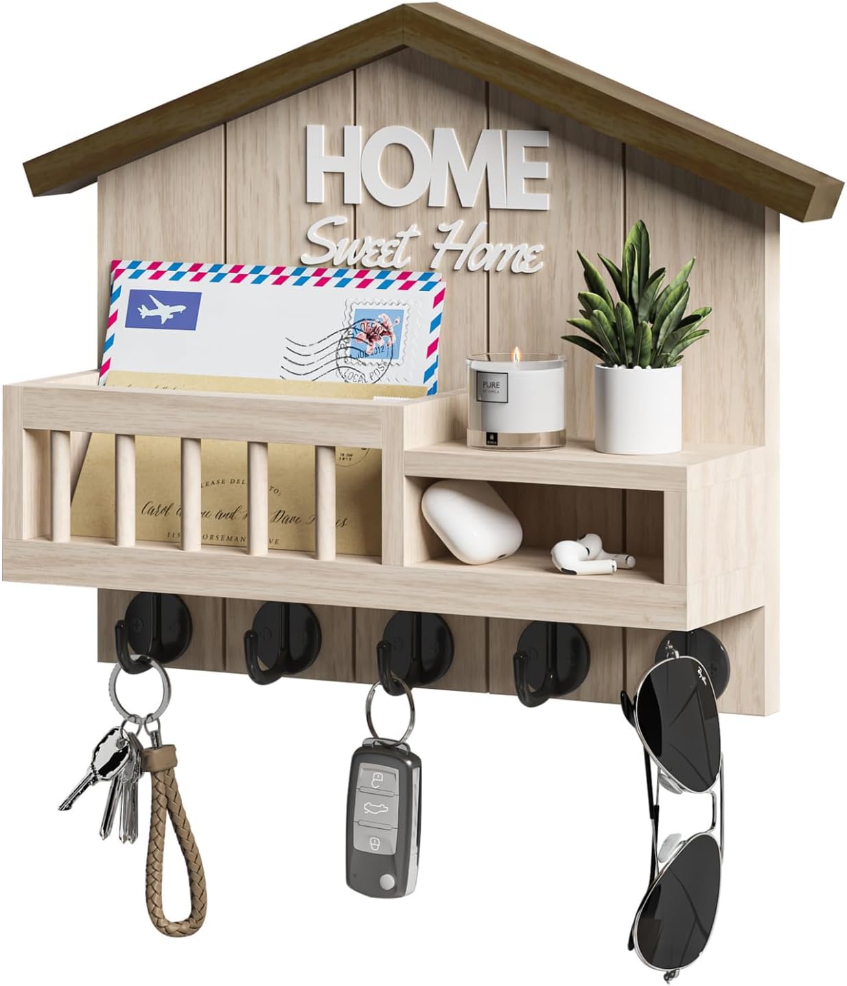 Key and Mail Holder for Wall, Wall Key Holder with Shelf, Home Key Holder for Wall, Wood Key Holder Wall Mount, Mail Organizer Wall Mounted, Entryway &#x26; Front Door Key Holder with 5 Hooks(White)