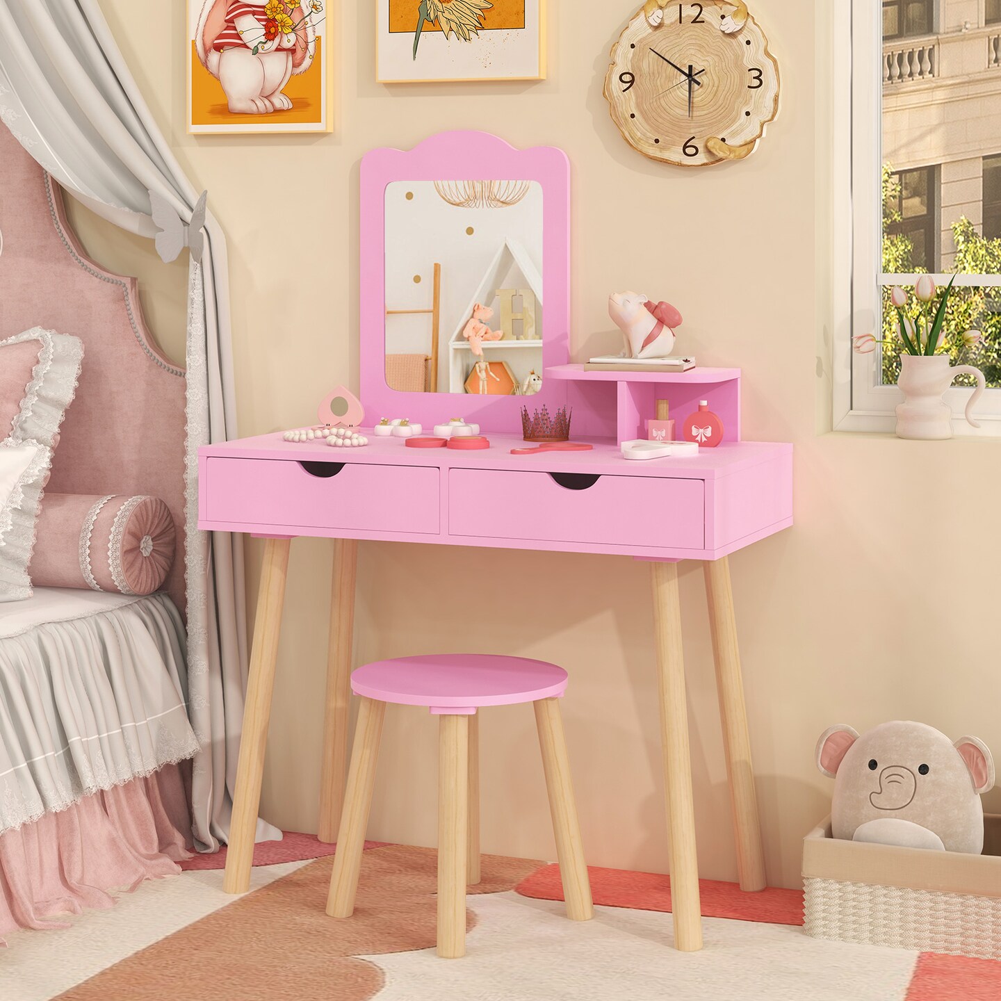 Pink Wooden Kids Vanity Table with Detachable Mirror and Storage Drawers Sturdy Stool Included