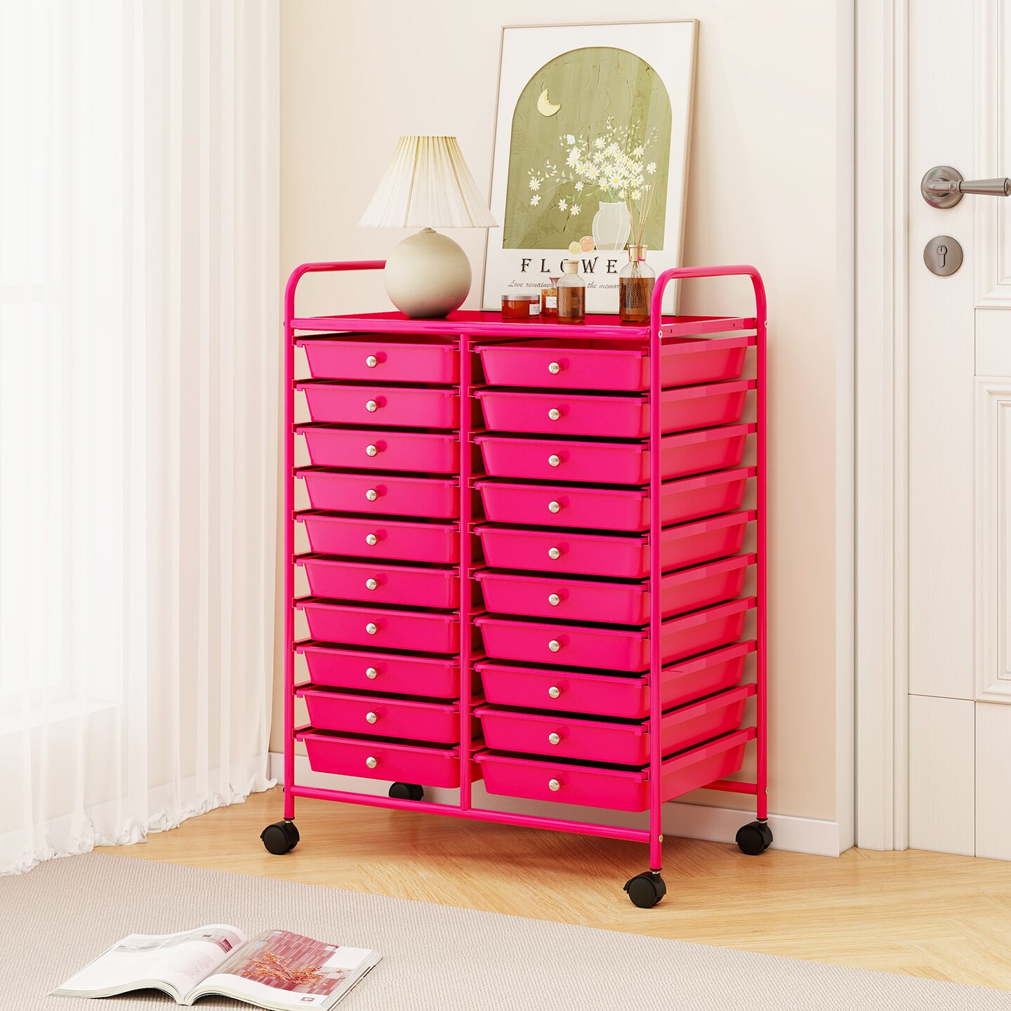 Space Saving Storage Organizer Cart with 20 Plastic Drawers and Mobile Wheels for Organizing Small Items at Home