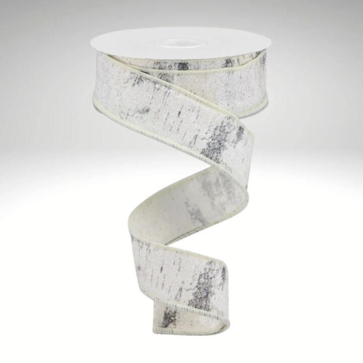 Glitter Birch Bark Ribbon | 1.5&#x22;x10yd Wired Cotton Ribbon for Rustic Winter Decor-RGA15661R