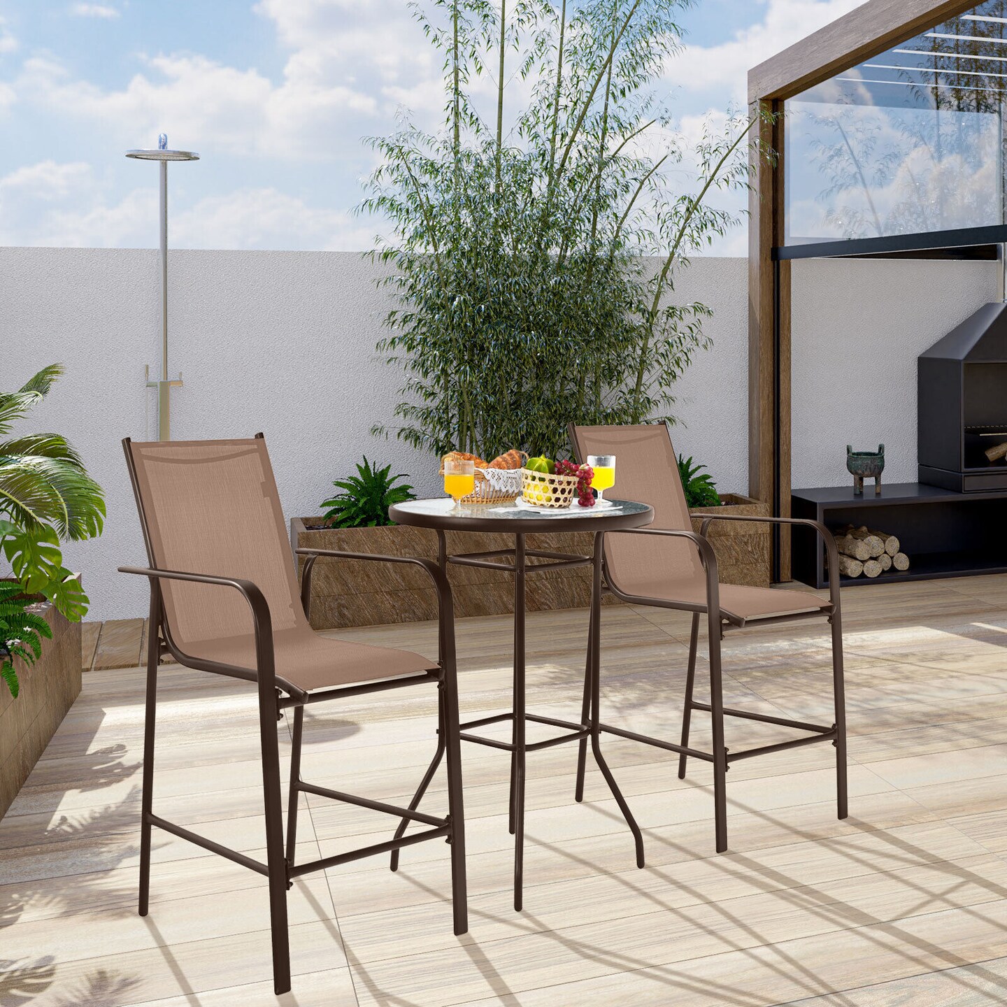 3-Piece Outdoor Patio Bar Set with 2 Stools & Tempered Glass Table, Brown Steel Frame & Breathable Fabric