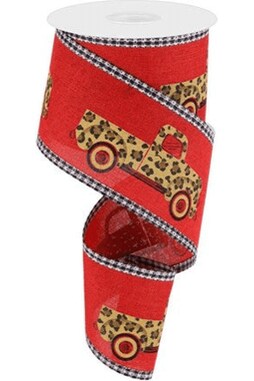 2.5&#x22; Leopard Truck Gingham Edge Ribbon: Red (10 Yards)