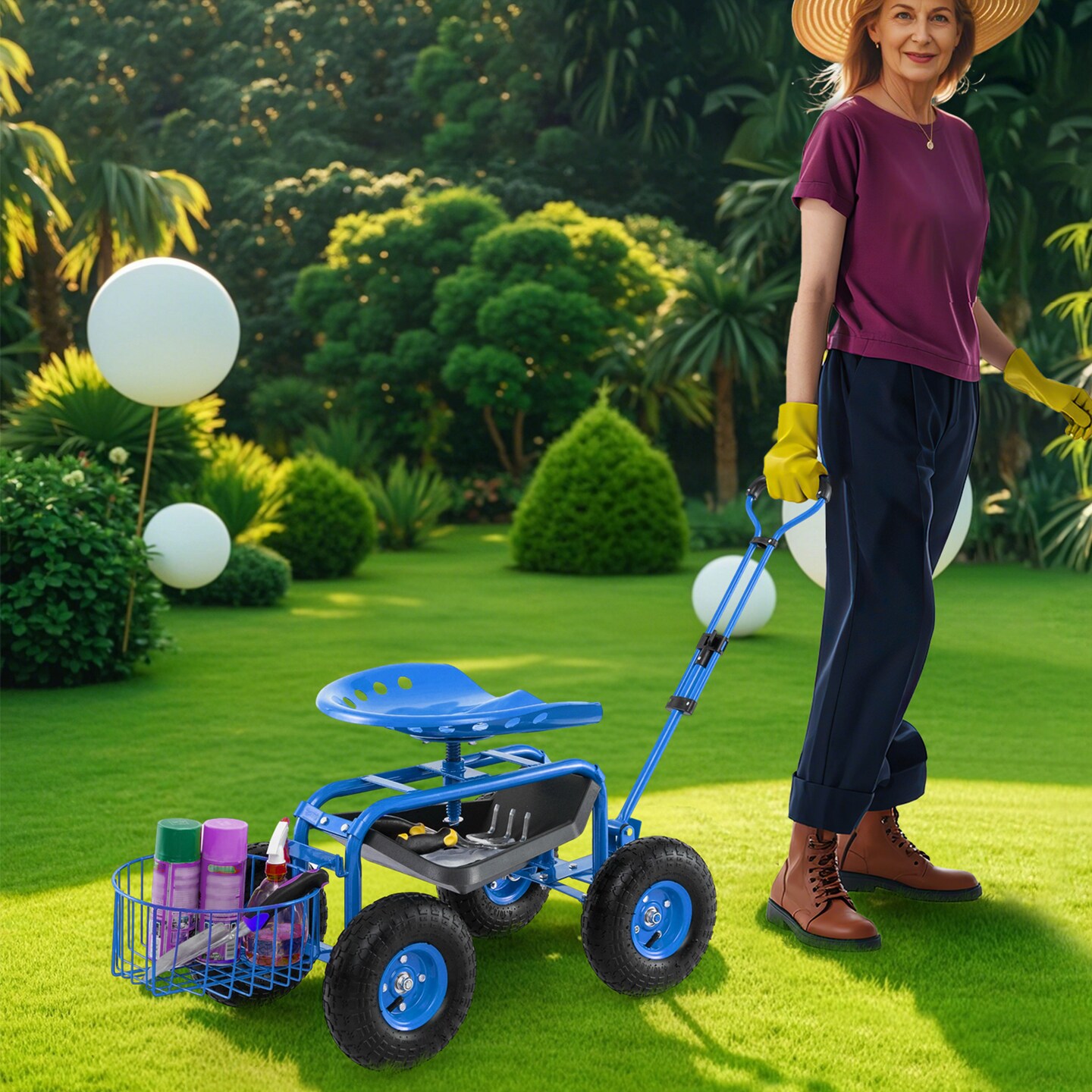 Multi-functional Garden Scooter Adjustable Swivel Seat Cart with Storage Basket and 10" Rubber Wheels