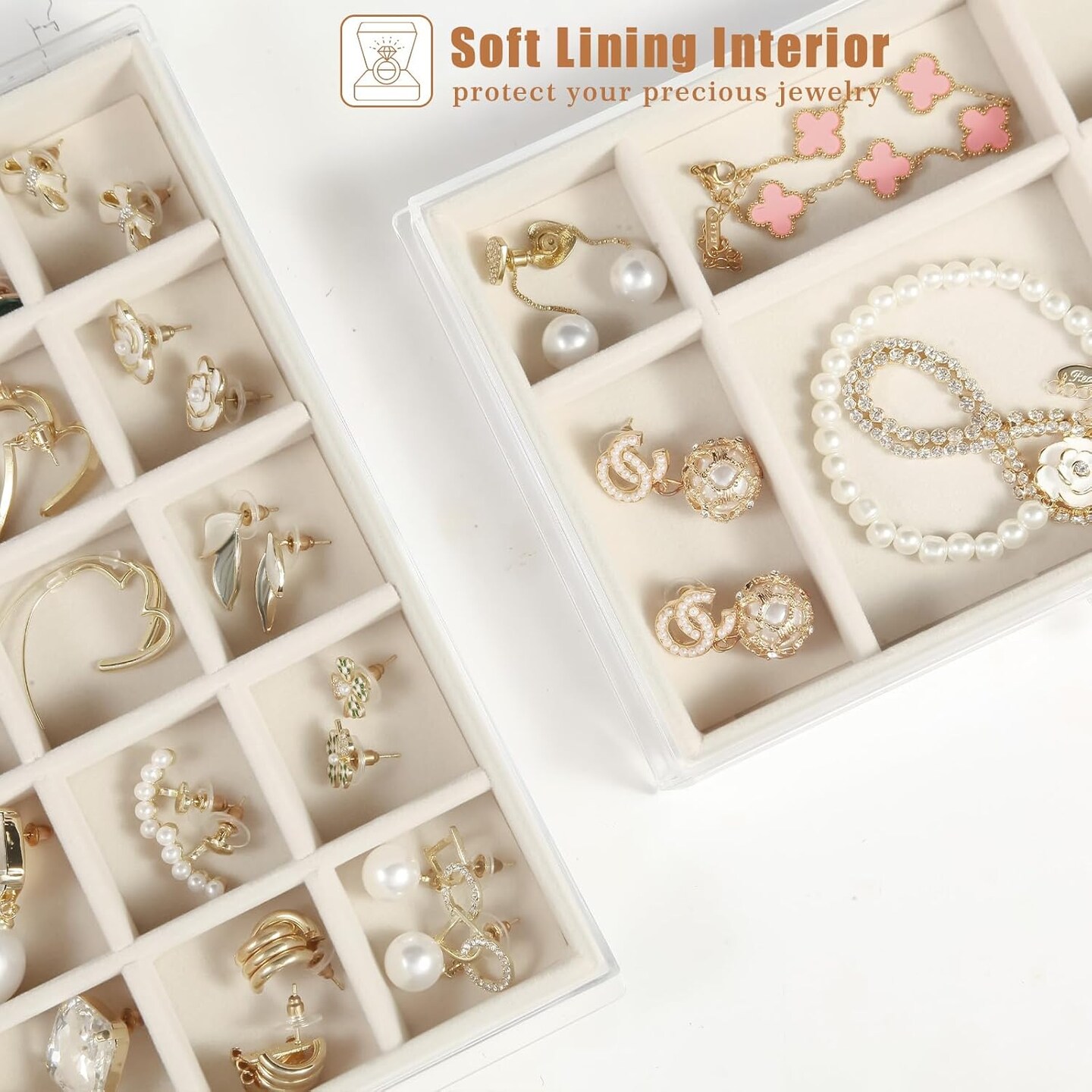 5-Drawer Clear Jewelry Box for Women & Girls – Acrylic Organizer with Velvet-Lined Trays for Rings, Earrings, and Accessories (Warm White)