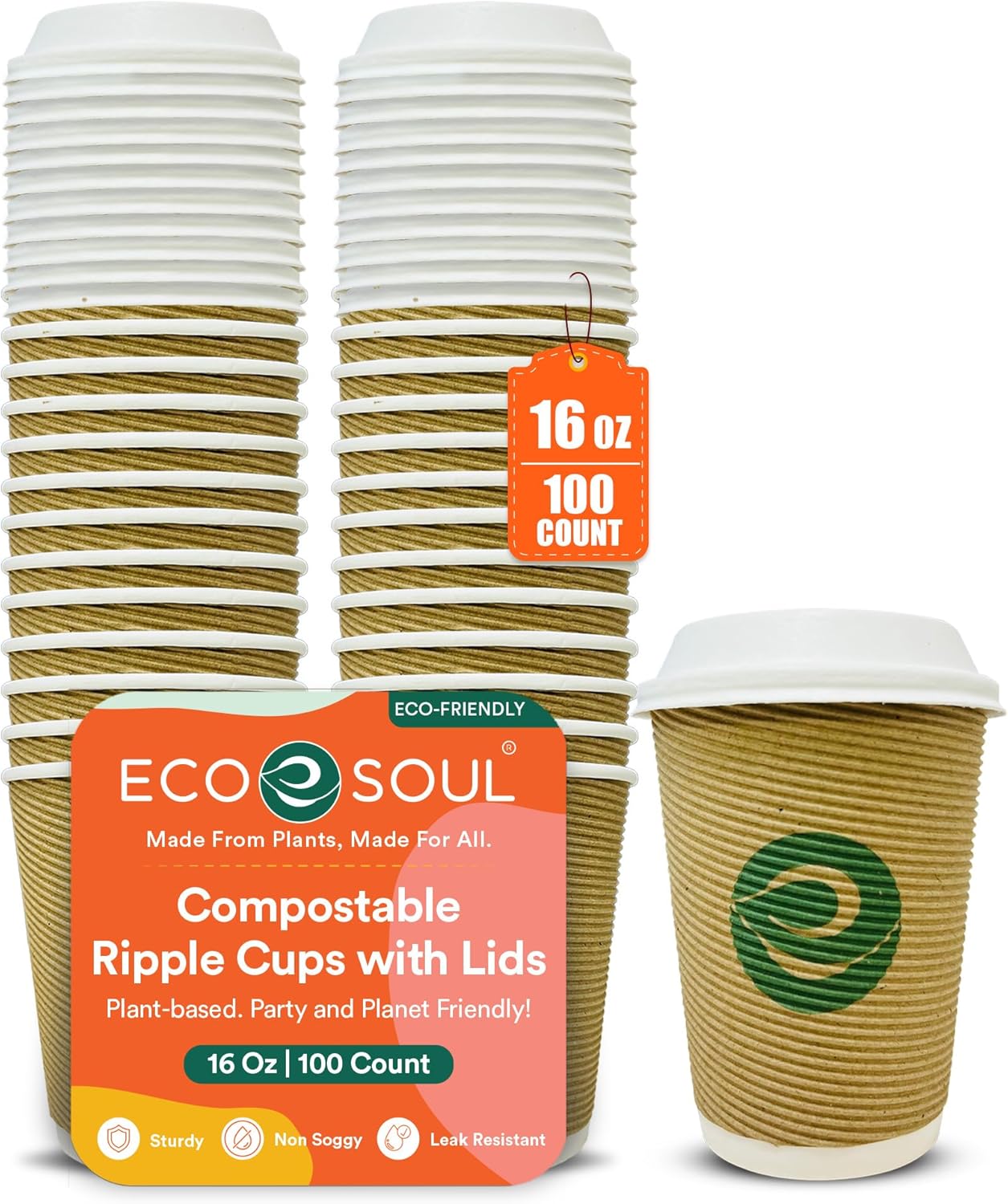 Compostable Ripple Cups with Lids (100 Pack) – Biodegradable Paper Cups, Non-Toxic Disposable Cups for Hot Drinks, To-Go Coffee Cups with Lids, Eco-Friendly & Ripple Paper Cups