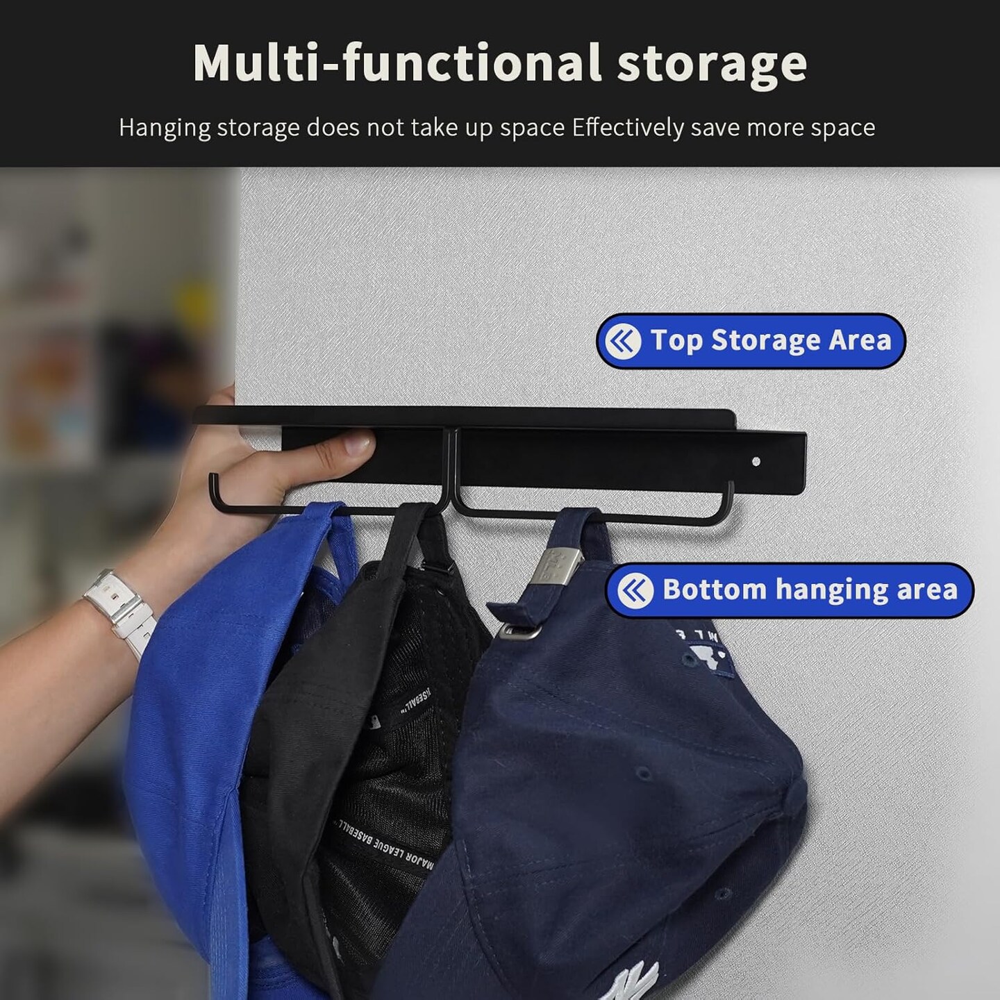 Wall Mount Key Holder &#x26; Hat Rack - Metal Organizer for Baseball Caps, Keys &#x26; Hangers - Hat Hooks for Wall