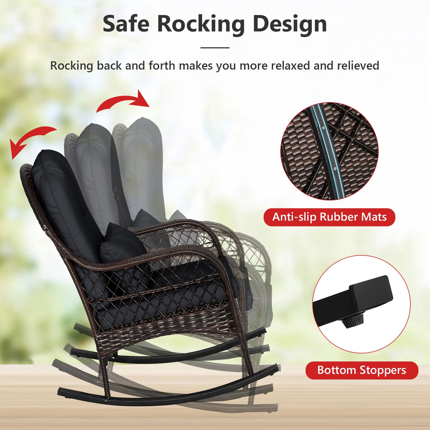 Outdoor Rattan Rocking Chair with Cushions for Porch or Garden Use