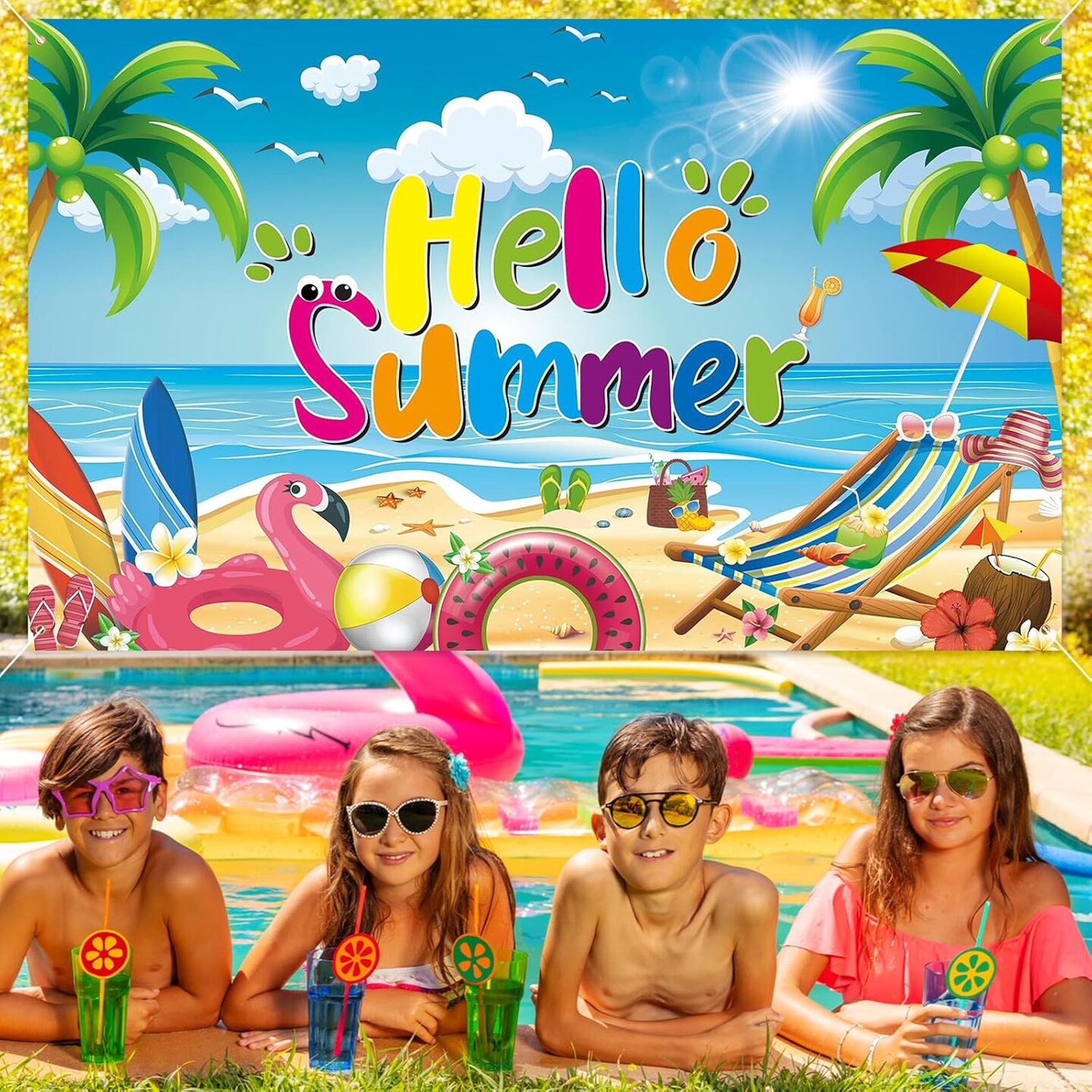 Hello Summer Backdrop, 72.8" x 43.3" Summer Beach Party Backdrop Colorful Summer Photo Backdrop Summer Photography Backdrop Summer Background Banner for Birthday Summer Beach Party Decor
