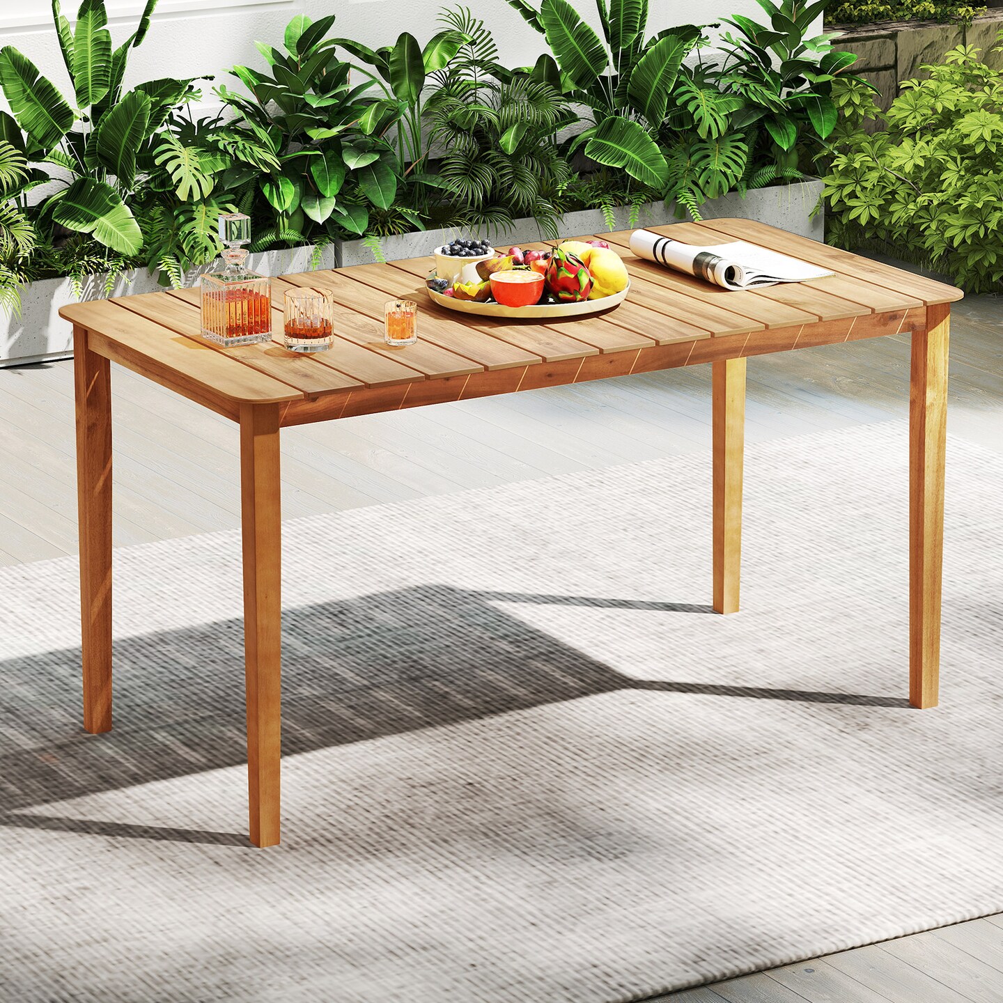 Outdoor Dining Table for 6 Natural Acacia Wood Patio Table with Slatted Top and Adjustable Feet