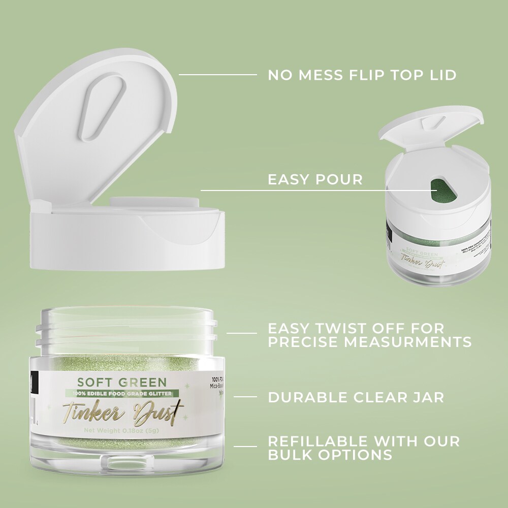 Bakell - Soft Green Tinker Dust Edible Glitter (5g, 1x Jar) for Food, Desserts, and Beverages!