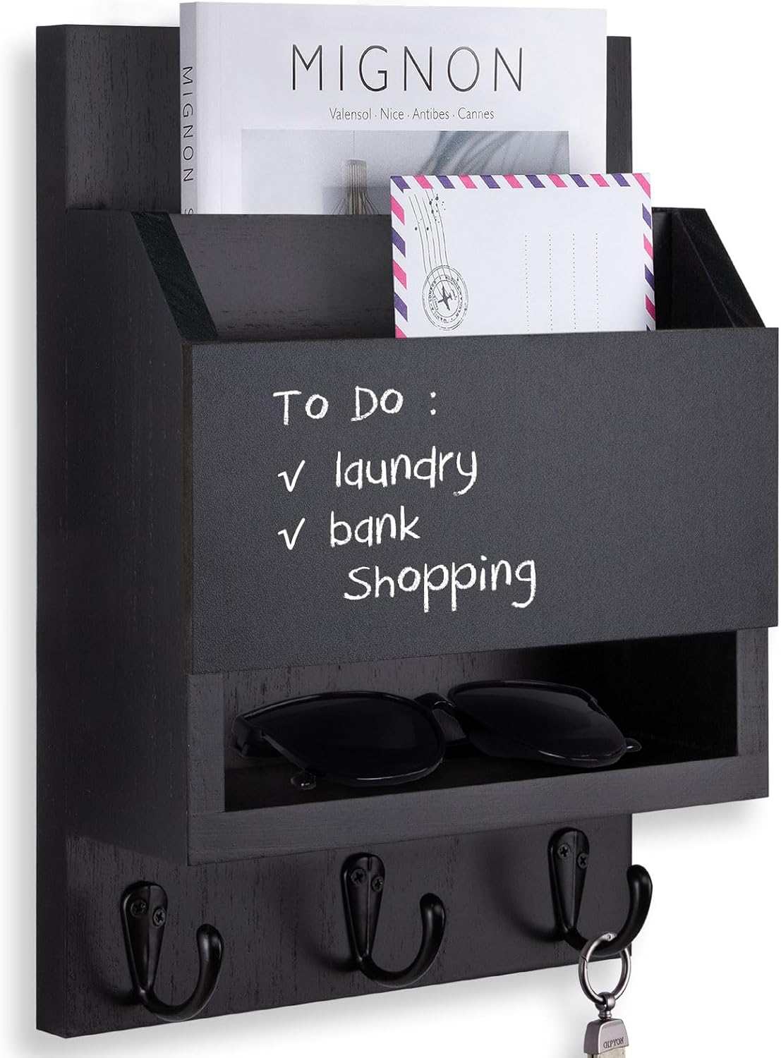 Key and Mail Holder for Wall, Key Holder with Chalkboard and Long Storage Box, Key Hanger with 3 Sturdy Hooks for Coat, Dog Leash, Entryway Mail Organizer (Black)
