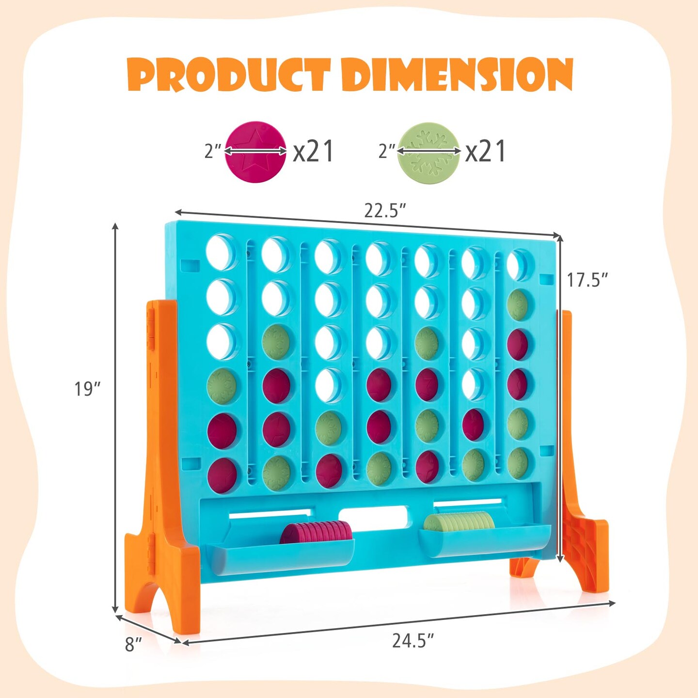Jumbo 4 in a Row Game Set with Coin Trays for Indoor and Outdoor Fun