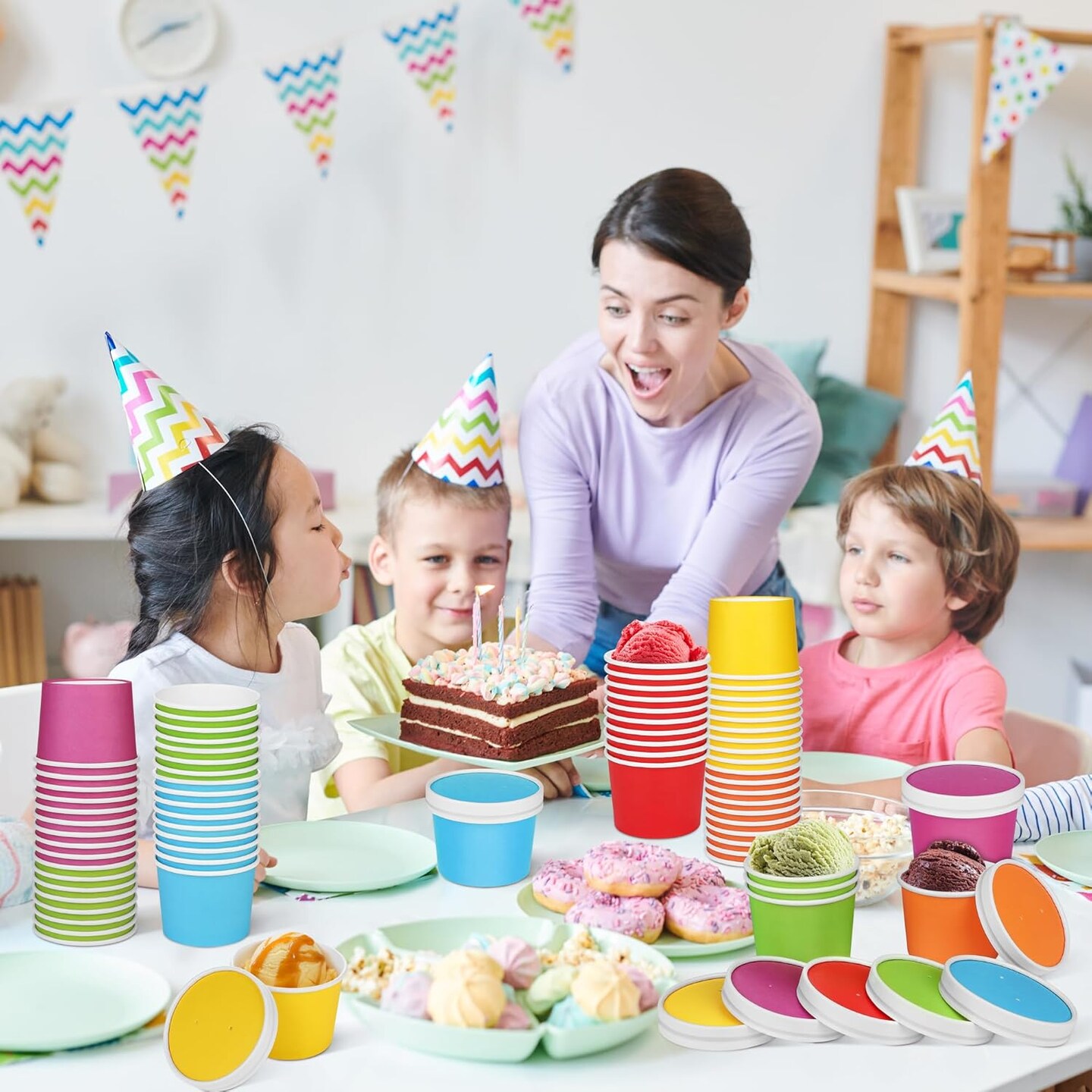60 Pack 8 Ounces Ice Cream Paper Cups with Lids Disposable Paper Dessert Bowls Ice Cream Containers Sundae Snack Party Supplies Treat Soup Cups for Camping, Trips, Picnics, and Events
