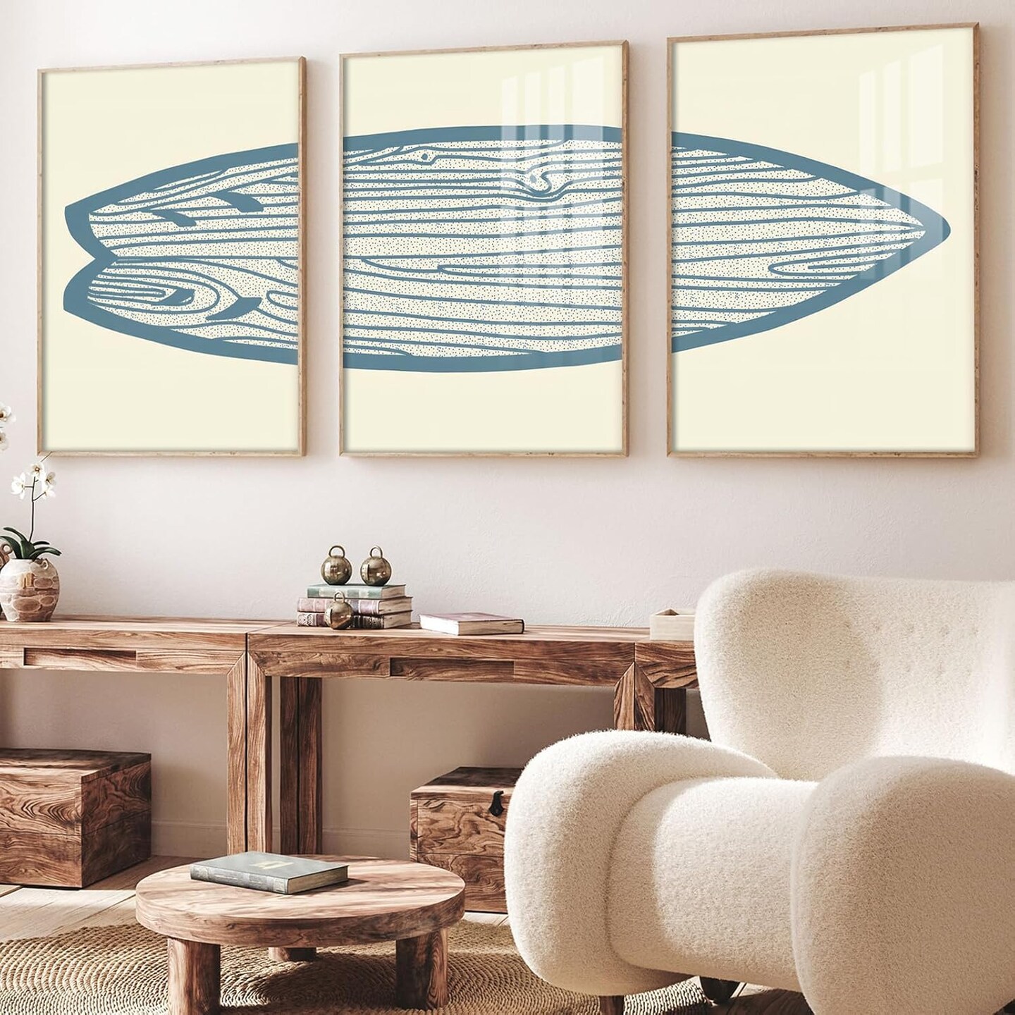 Surfboard Wall Decor 3 Pieces Blue Watercolor Line Surfboard Canvas Painting Prints Wall Art Poster Sea and Surf Pictures for Beach House Living Room Bedroom Decor 12x16 inch No Frame