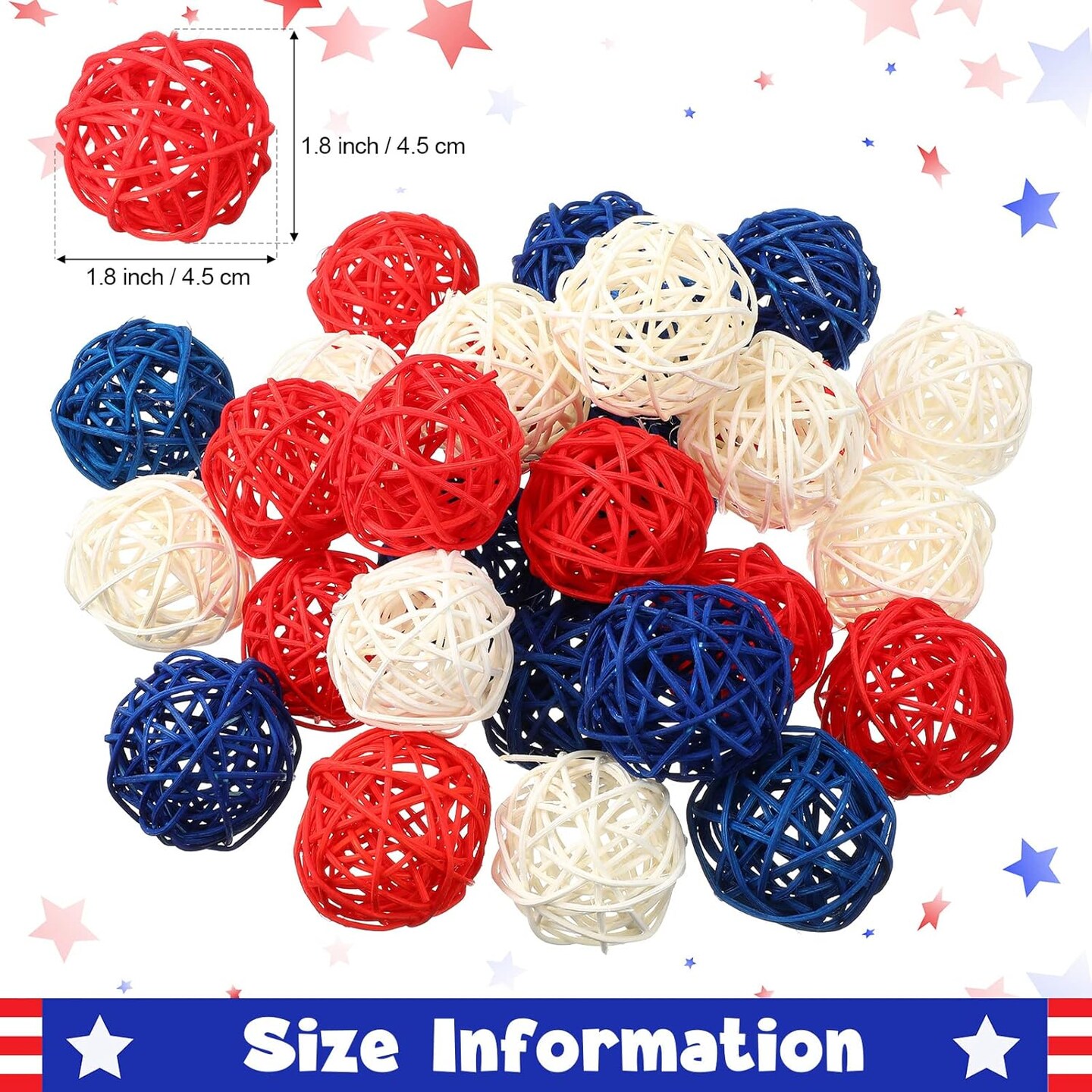 30 Pcs Patriotic Rattan Balls 4th of July Decorative Balls for Bowl 1.8 Inch Red White and Blue Table Wicker Balls for Decorating Bowl Filler Vase Filler Spheres for Table Independence Day Home Decor