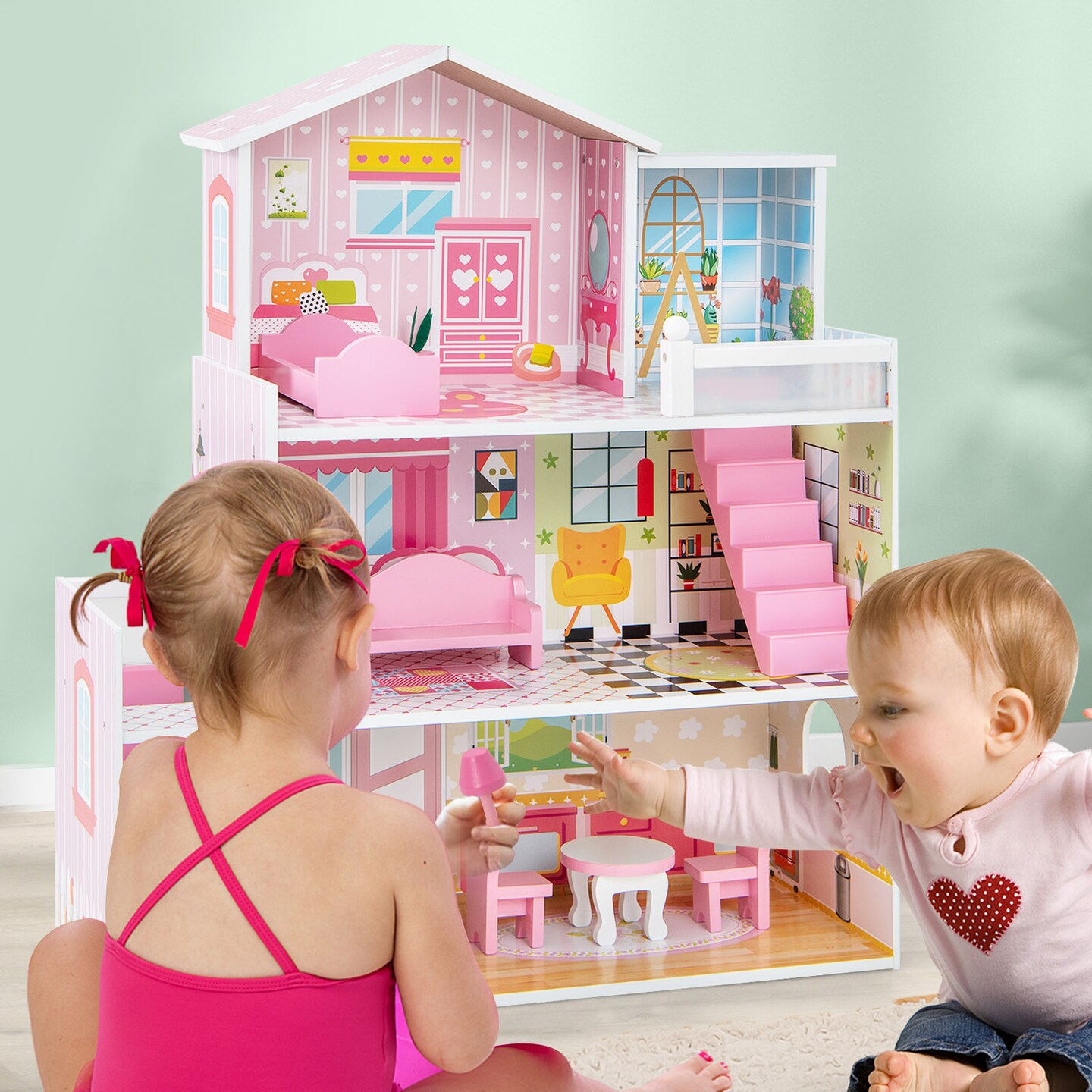 Kids Wooden Dollhouse Playset with 5 Rooms and Furniture for Imaginative Play