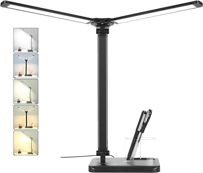 LED Desk Lamp with Dual Heads, 5 Color Modes &#x26; 10 Brightness Levels, Adjustable Reading Light for Home Office, Bedroom, Study, Craft (Black, Includes Adapter)