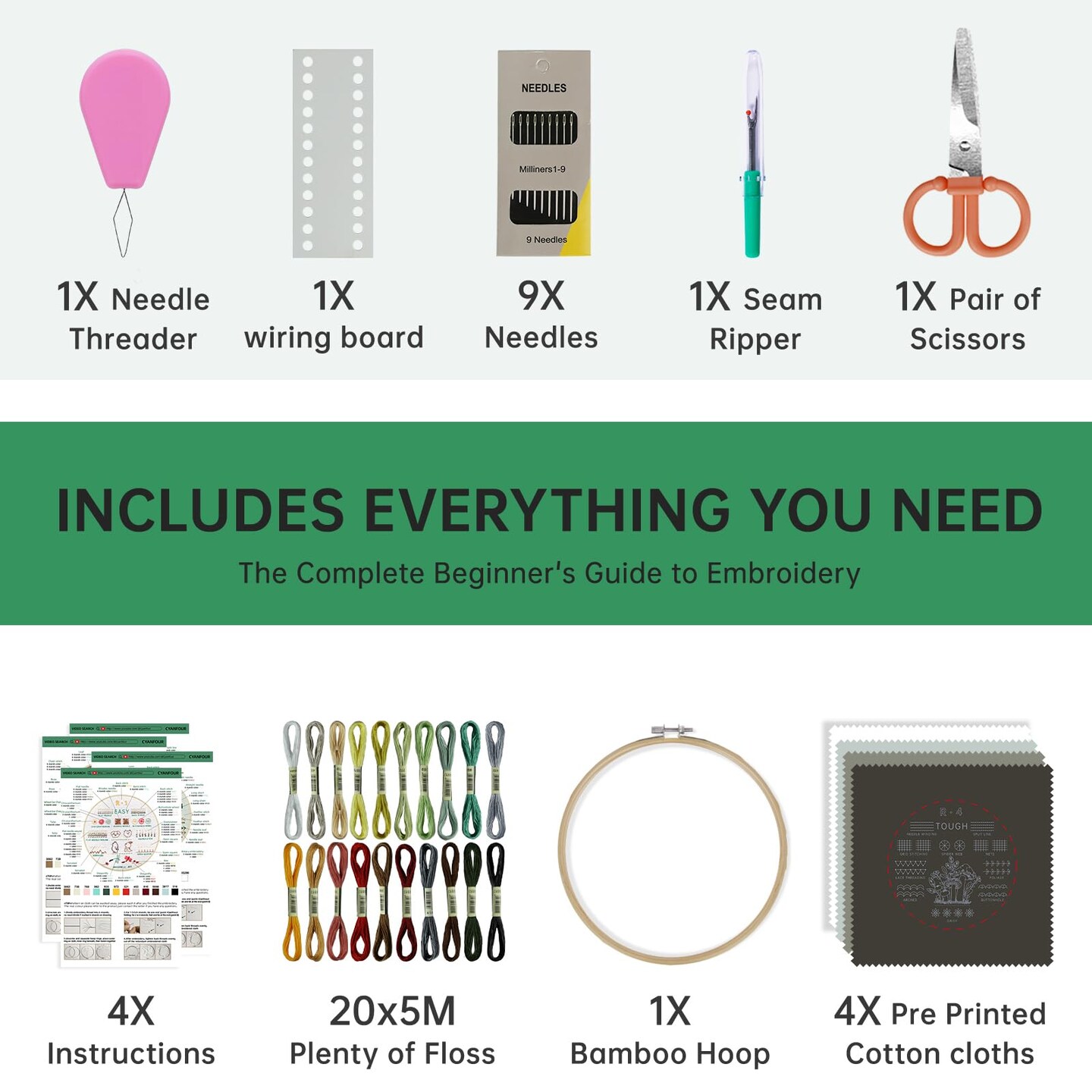 4 Stage Beginners Embroidery Kit for Adults, Easy to Learn 38 Different Stitches from Instruction & Video, Needlepoint Kits for Adults with Stamped Embroidery Patterns