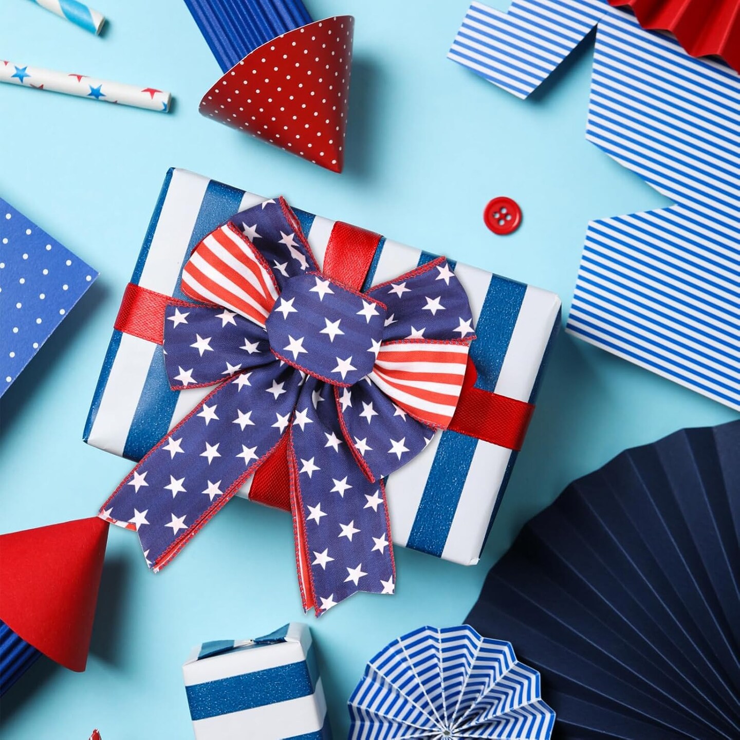 Blue and White Ribbons, Double-Faced Patriotic Ribbon Wired White Star Blue Ribbon for 4th of July Independence Day Memorial Day Decor Party Wreath Bows Making DIY Crafts Wrapping