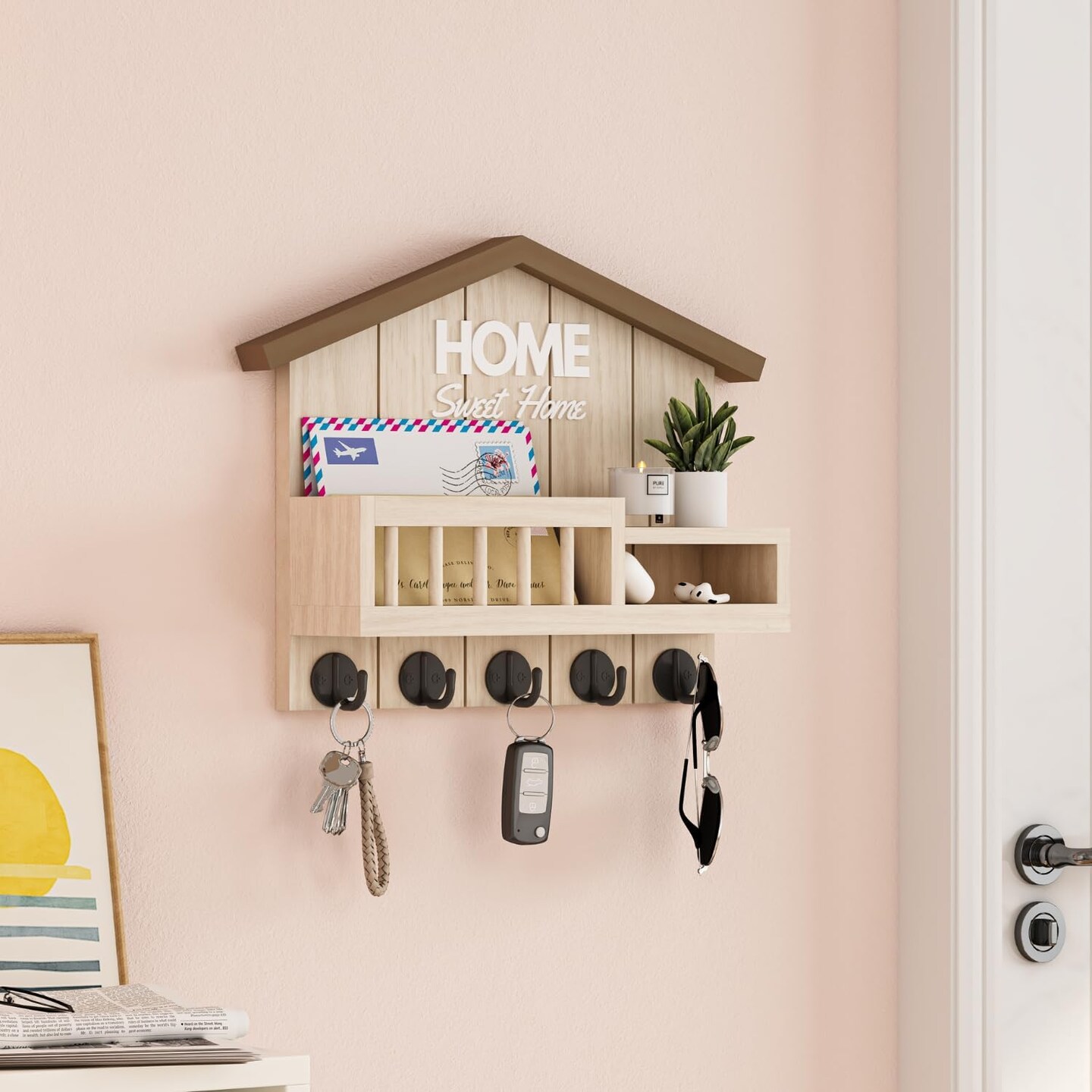 Key and Mail Holder for Wall, Wall Key Holder with Shelf, Home Key Holder for Wall, Wood Key Holder Wall Mount, Mail Organizer Wall Mounted, Entryway &#x26; Front Door Key Holder with 5 Hooks(White)