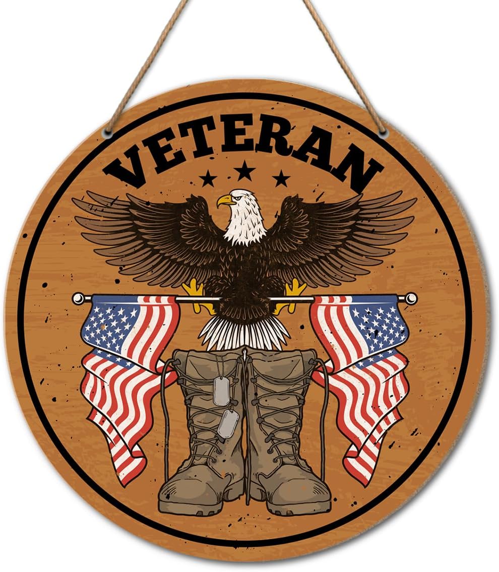 Veterans Day Wall Decor, American Patriotic Round Wooden Hanging Sign Decorations for Man Cave Bar, July 4th Independence Day Memorial Day Wall Decor, Gifts for Veteran Army Dad