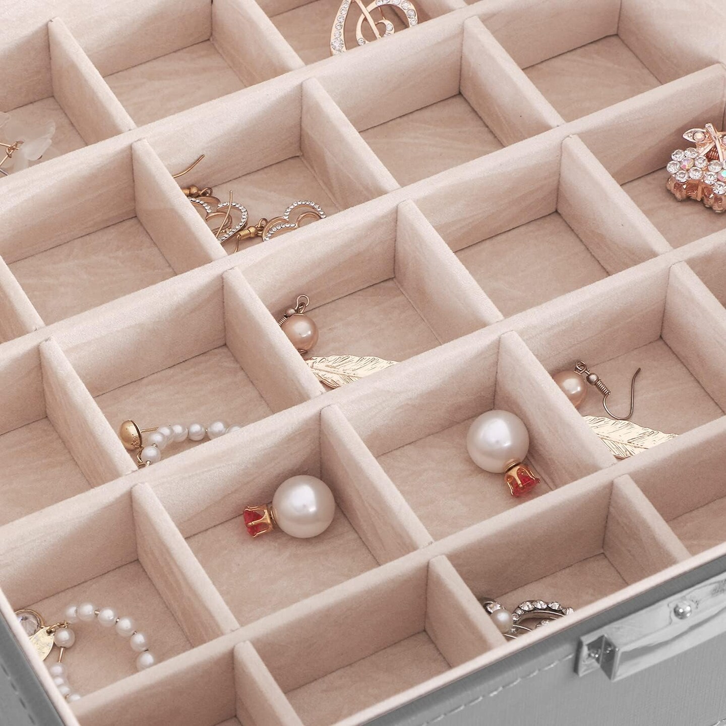 Ring Organizer and Earring Box Holder - 11 Ring Slots, 25 Earring Compartments, Large Mirror, 2 Layers - Jewelry Box Tray Cufflinks Storage for Girls Women Men, Grey SSH21H