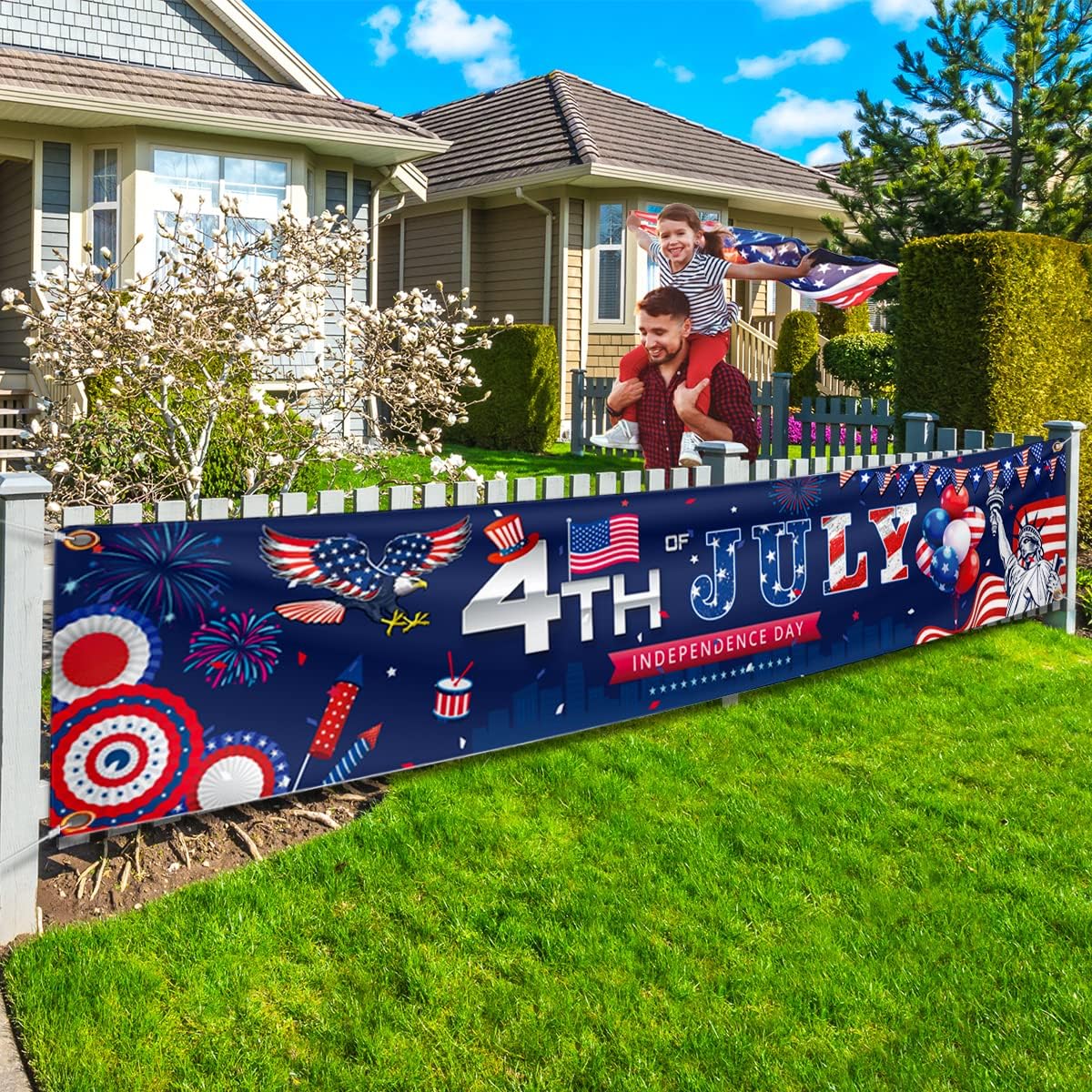 4th of July Banner, Polyester Patriotic Decoration, 9.8*2 ft, for Memorial Day, Veterans Day, Hanging Banner