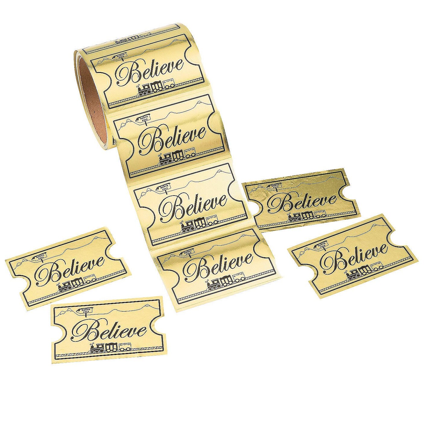 3 1/2&#x22; Jumbo Gold Foil Believe Train Ticket Sticker Roll 100 Pc