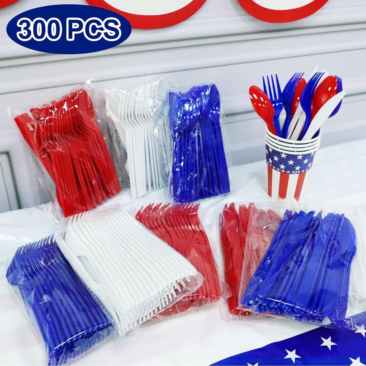 300 Pcs Patriotic American Flag Party Supplies, 4th of July Disposable Plastic Cutlery Set 100 Spoons 100 Forks 100 Knives Memorial Day Decorations Red White Blue Utensil Flatware Independence Day
