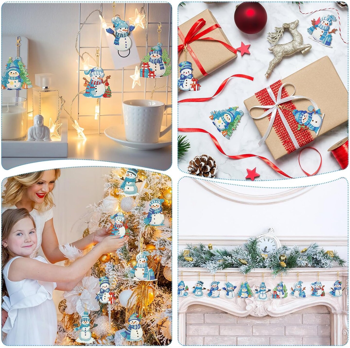 12 Pcs Diamond Art Christmas Ornaments Snowman Diamond Painting Kit 5d DIY Art Keychains Winter Hanging Ornaments for Kids Winter Home Crafts Decorations(Blue)