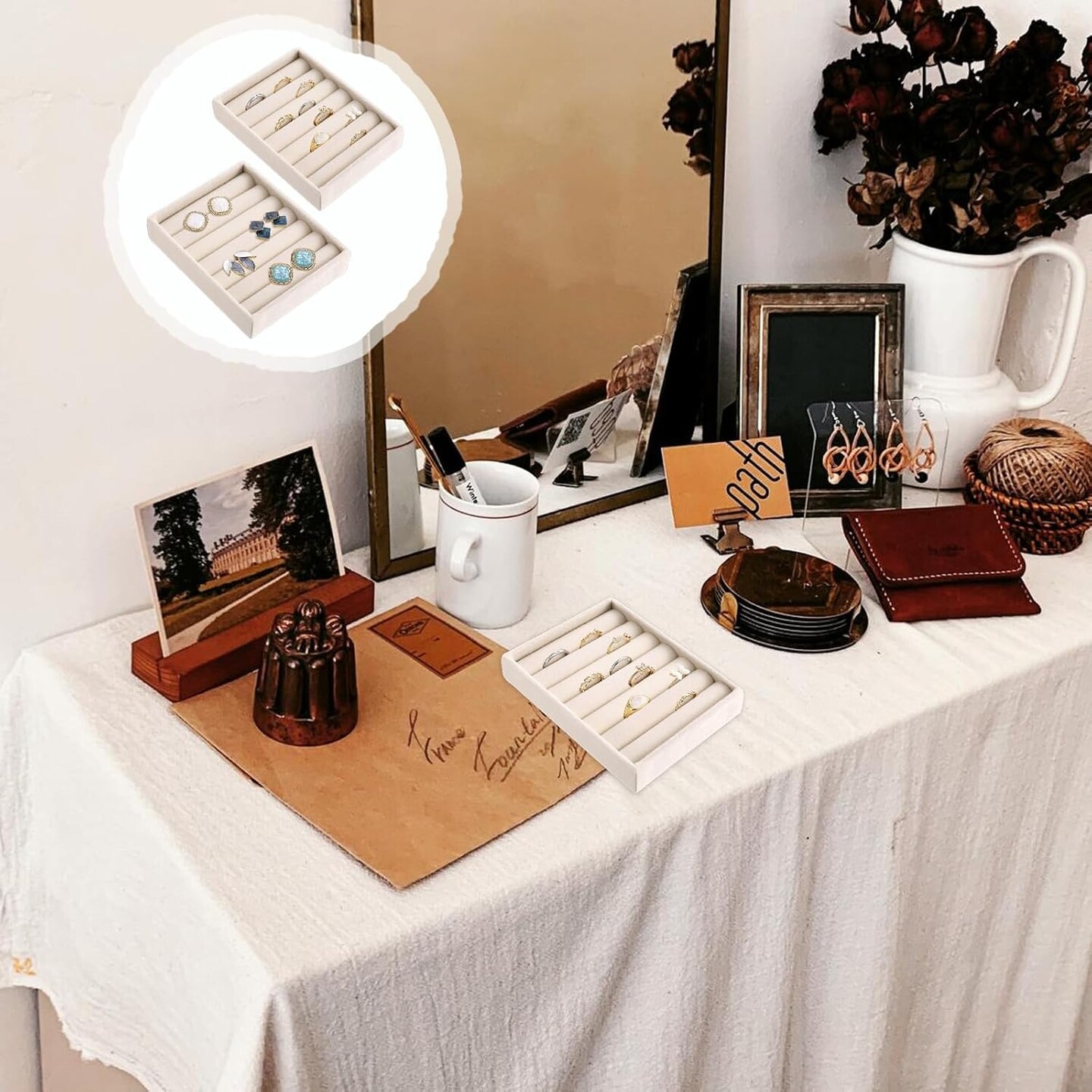 2 Pcs Velvet Ring Holder Display Tray, Small Jewelry Organizer Inserts for Rings & Earrings, Stackable Drawer Storage Trays for Home or Store Display – Beige