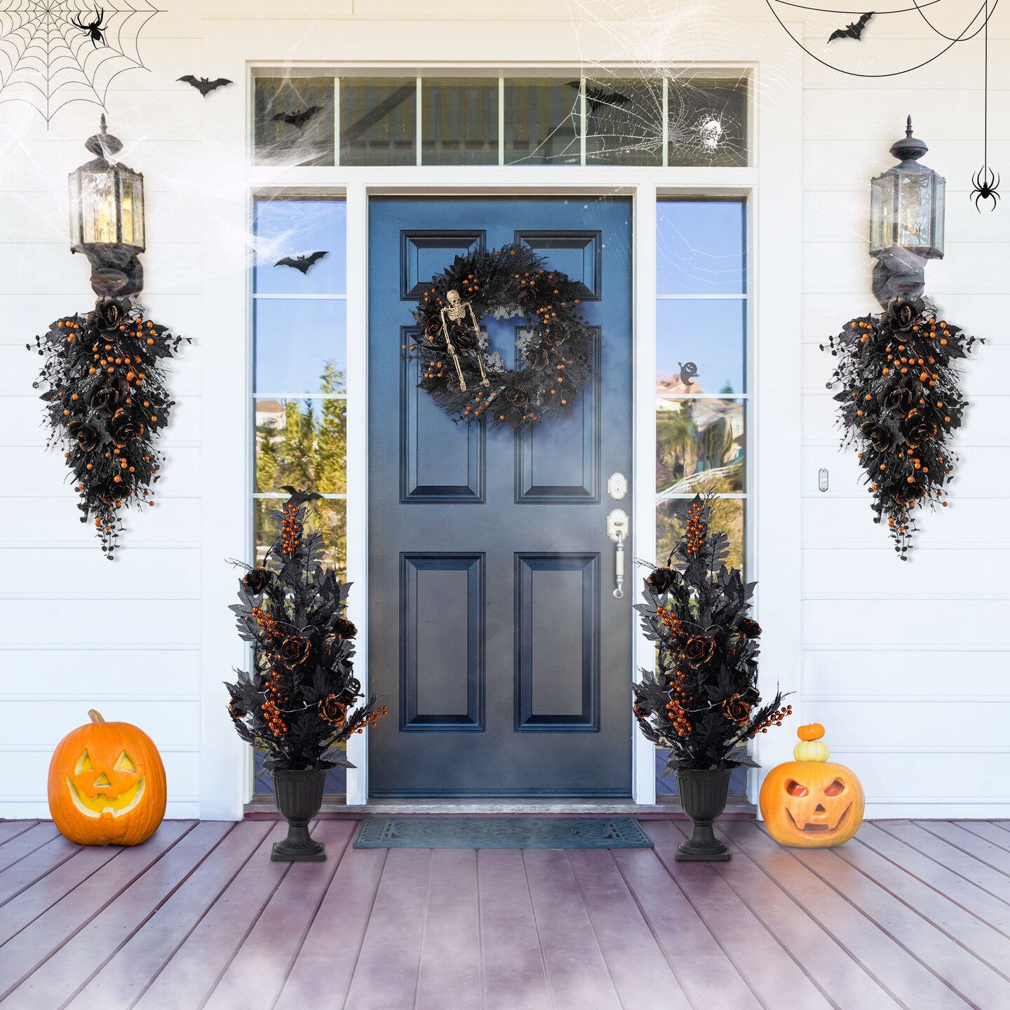 Halloween Lighted Black Rose with Orange Glitter Urn Porch Trees and Wreath/Teardrop Set