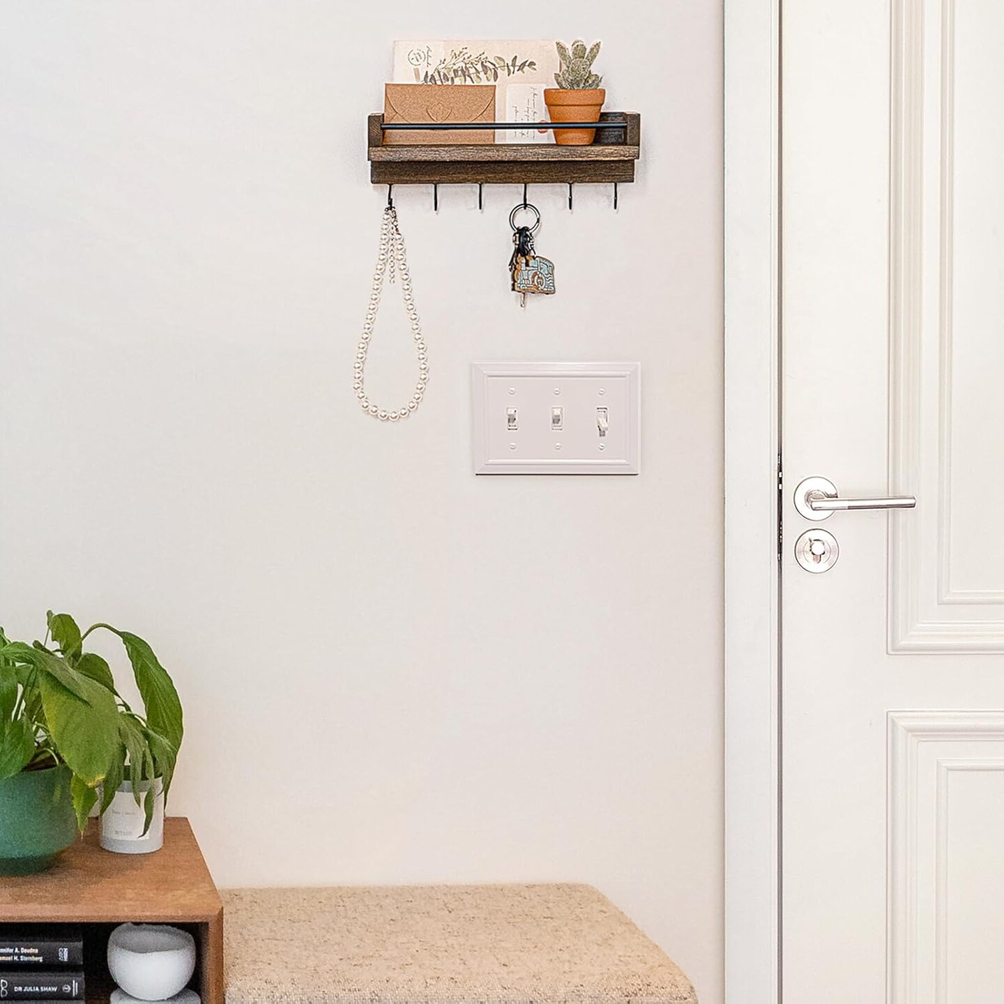 Key Holder for Wall 9.5" x 3.5" x 2.5" Small Rustic Wood Key Rack with 6 Hooks Decorative Display Keys Hanger Organizer for Entryway Living Room Bedroom Bathroom Office Home Decor