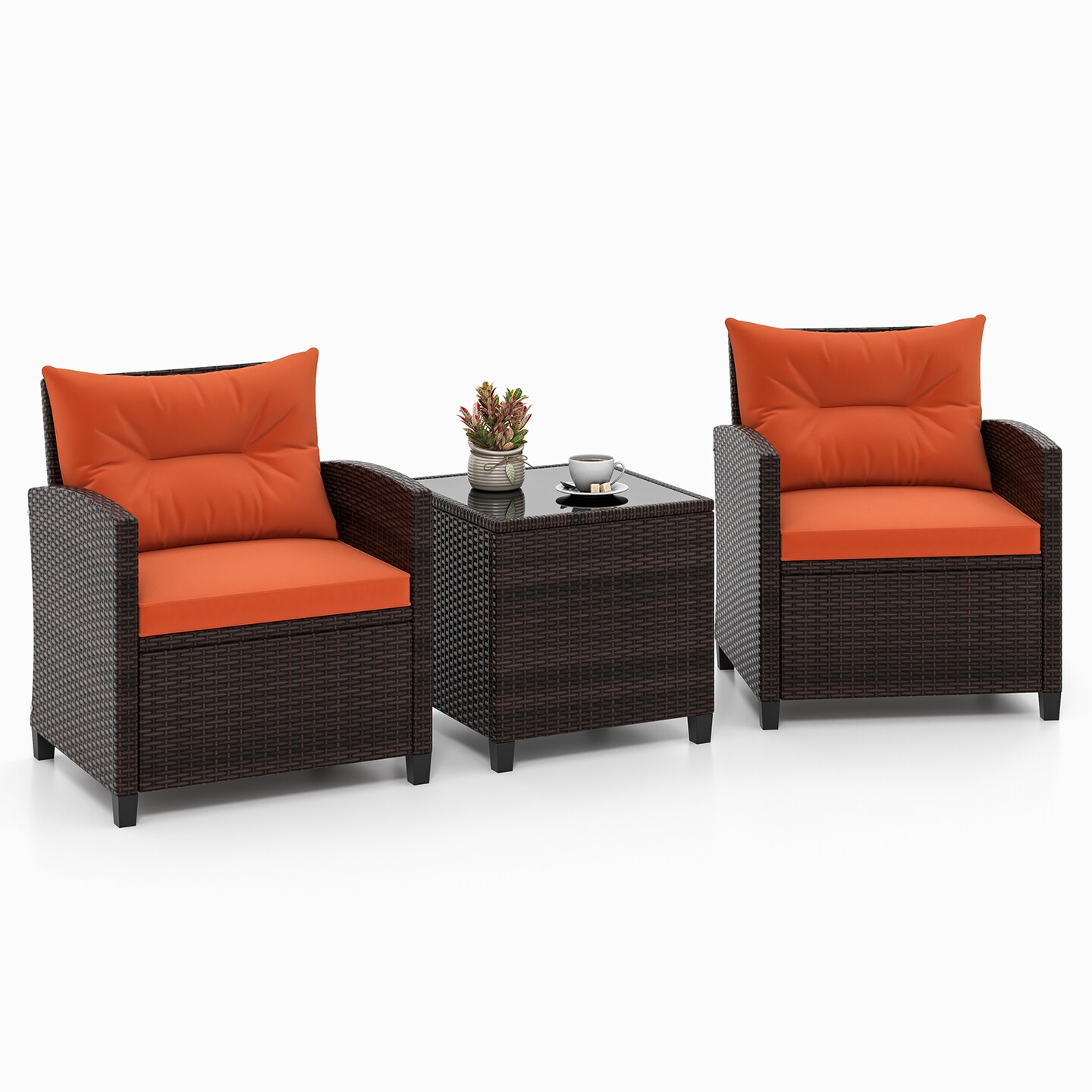 Outdoor 3 Piece Wicker Patio Set with Cushions and Glass Top Table