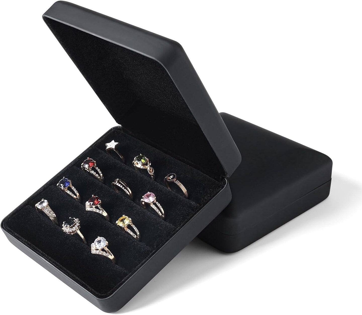 Small Ring Organizer Box, Portable Jewelry Rings Display Collector Case, Jewelry Ring Tray holder Showcase. Modern Ring Storage Boxes Fit for Women, Girl for Travel (Black)