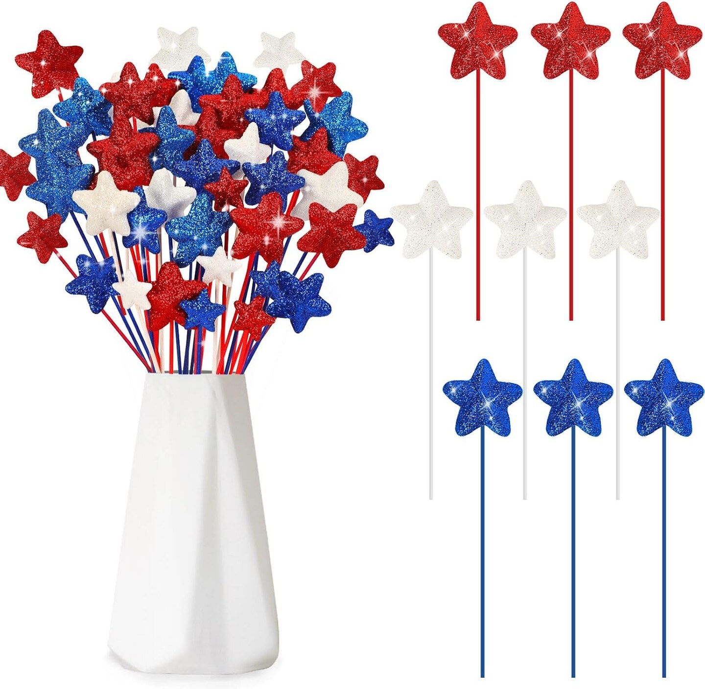 4th of July Decorations, 108 Pcs Glitter Puffy Star Picks Foam Star Stems Red White and Blue Artificial Stem Flowers for Patriotic Wreath Table Centerpieces Decoration