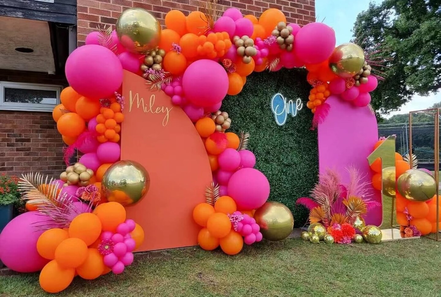 Pink and Orange Balloon Garland Arch Kit, 158pcs Pink Orange and Chrome Metallic Gold Balloons for Birthday Baby Shower Tropical Party Supplies Summer Party Decorations (Hot Pink)