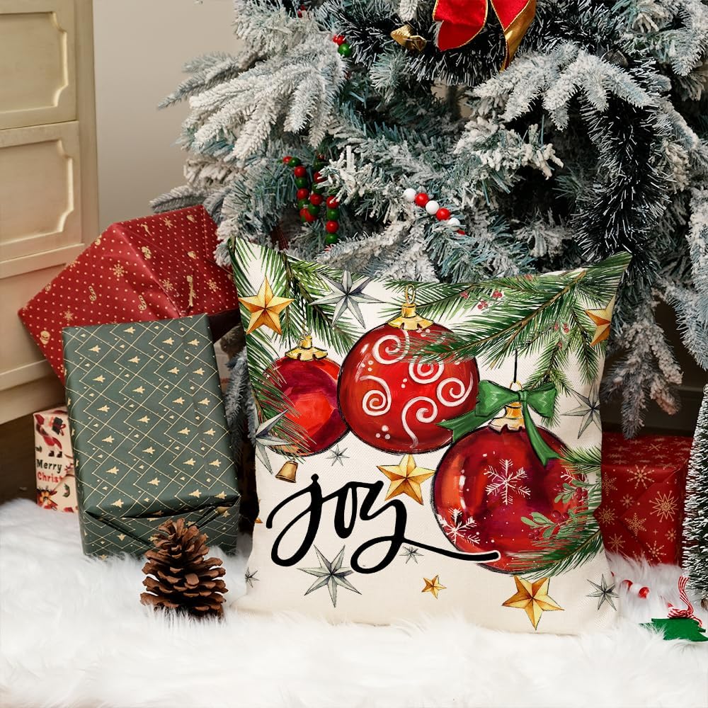 Christmas Pillow Cover 18X18 Inch Baubles Christmas Tree Stars Joy Decoration Holiday Farmhouse Winter Pillow Case for Sofa Couch Decor&#xFF08;Red&#xFF09; AA613-18