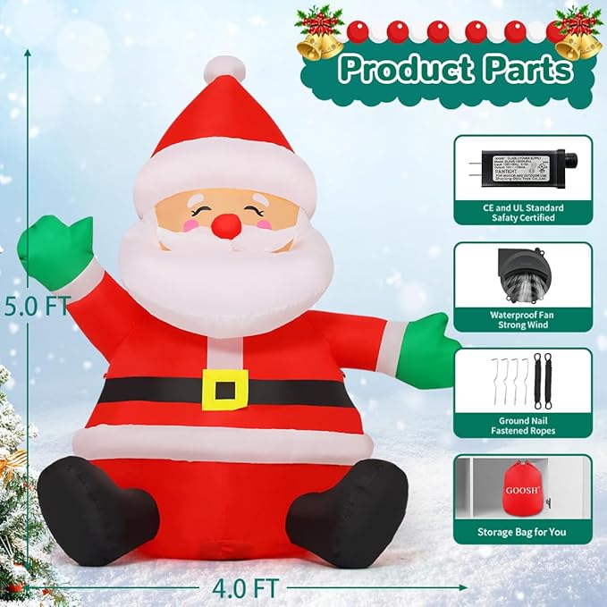 GOOSH 5 FT Christmas Inflatables Sitting Santa Claus with Built-in LEDs
