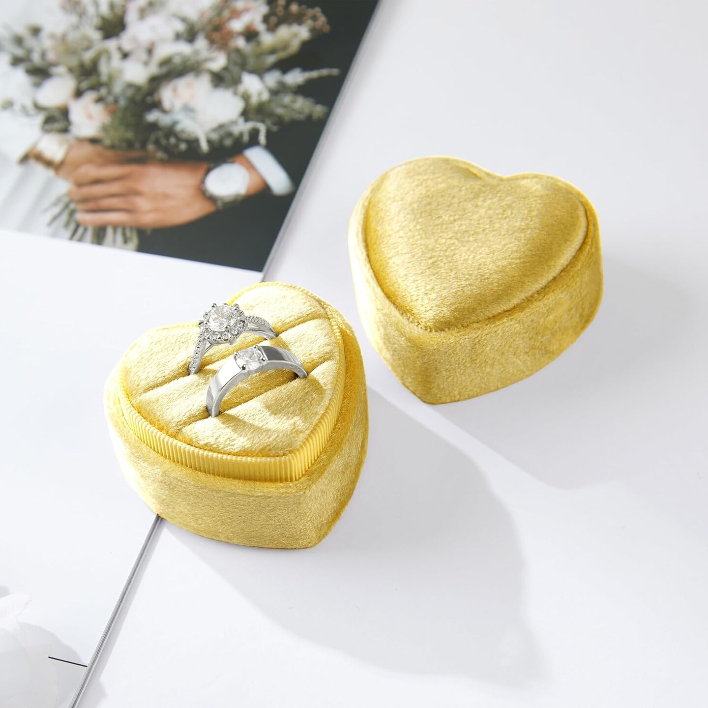 Velvet Ring Box Gift 2 Slots Vintage Style Jewelry Ring Storage Box Proposal Ring Case (Yellow Mustard)