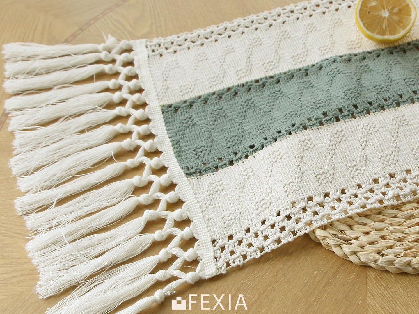 Boho Macrame Sage Green Table Runner with Tassels (12x72 Inches)